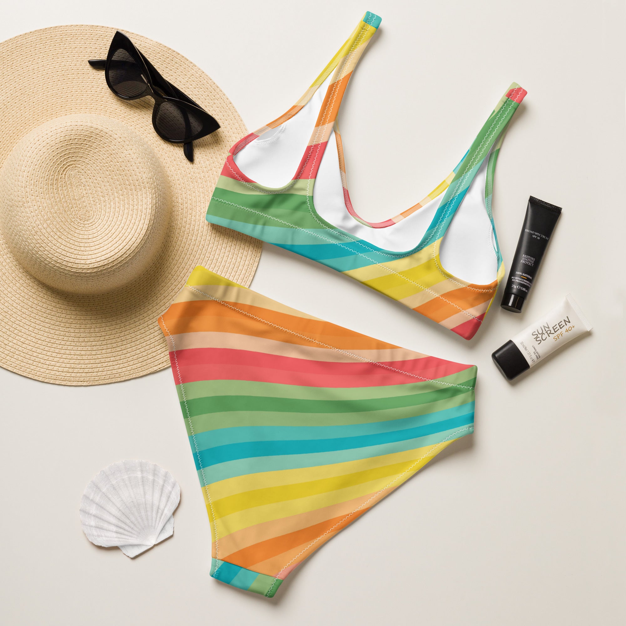 Women's Retro Striped Rainbow Recycled Bikini - Removable Padding, Buttery Soft Quick-Drying UPF 50+ Fabric