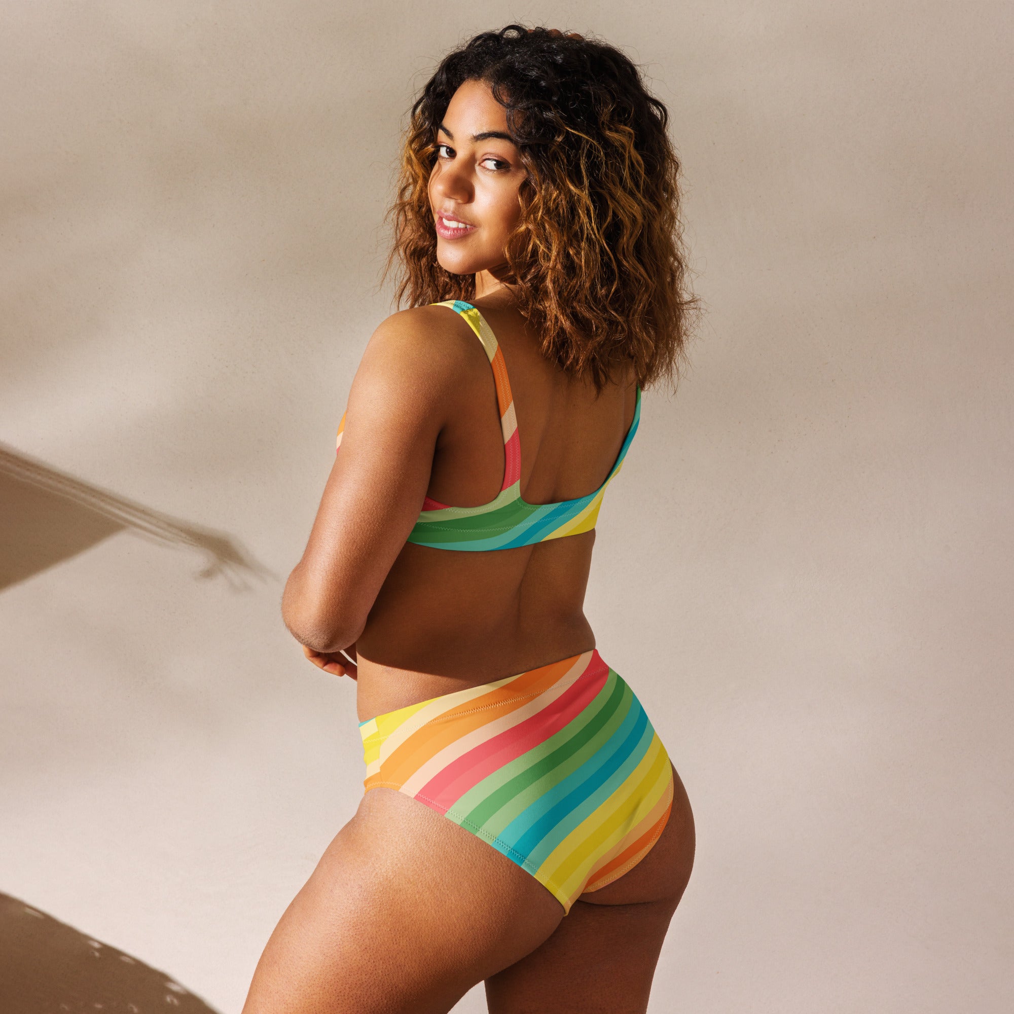 Women's Retro Striped Rainbow Recycled Bikini - Removable Padding, Buttery Soft Quick-Drying UPF 50+ Fabric