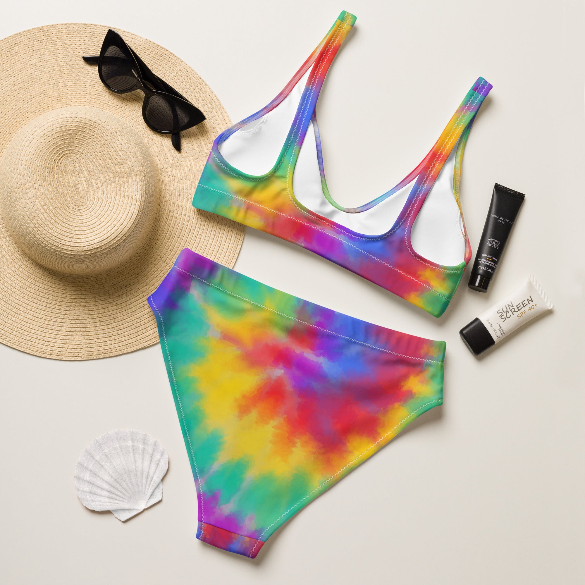 Women's Bright Watercolor Tie Dye Recycled Bikini - Removable Padding, Buttery Soft Quick-Drying UPF 50+ Fabric