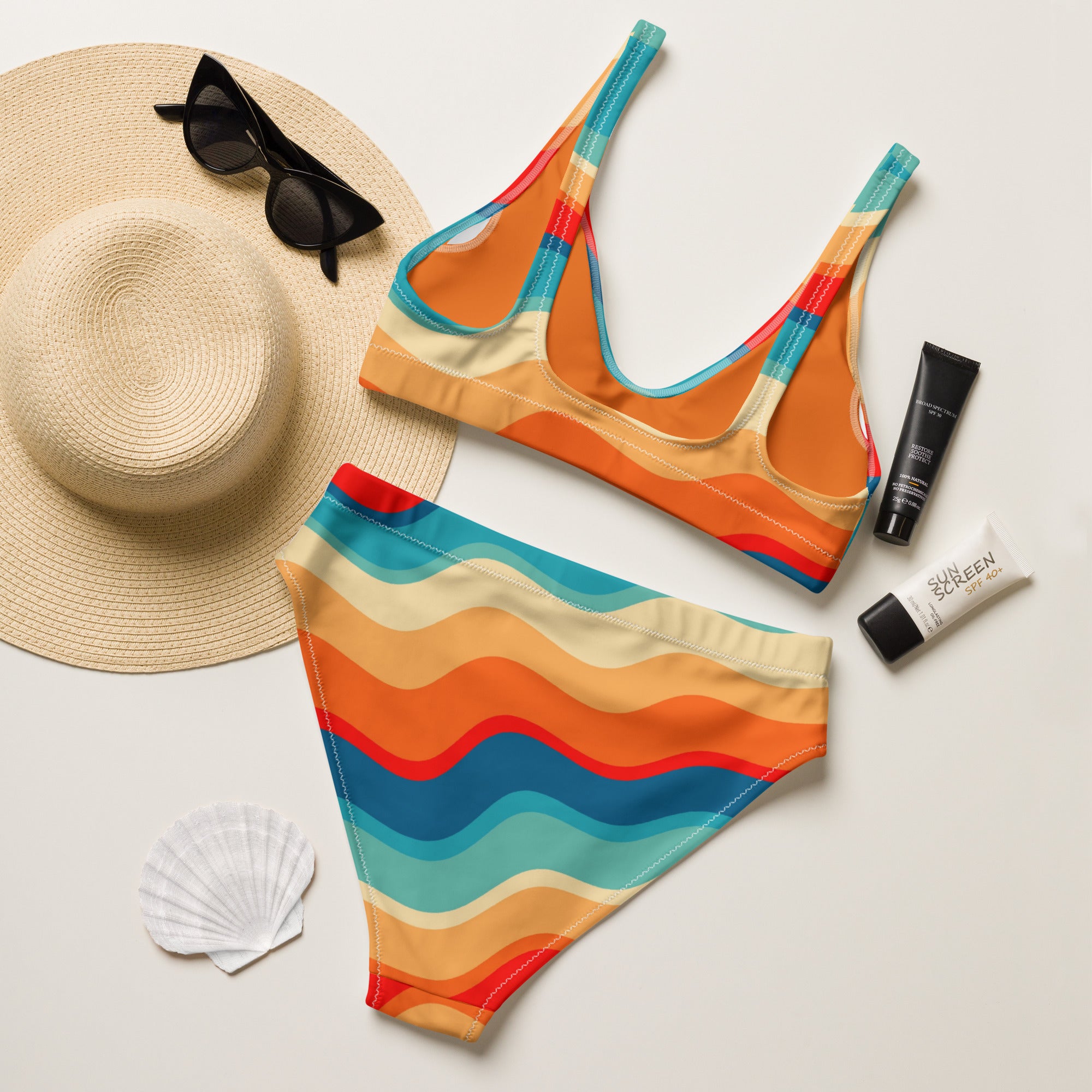 Women's Bright Retro Wave Recycled Bikini - Removable Padding, Buttery Soft Quick-Drying UPF 50+ Fabric