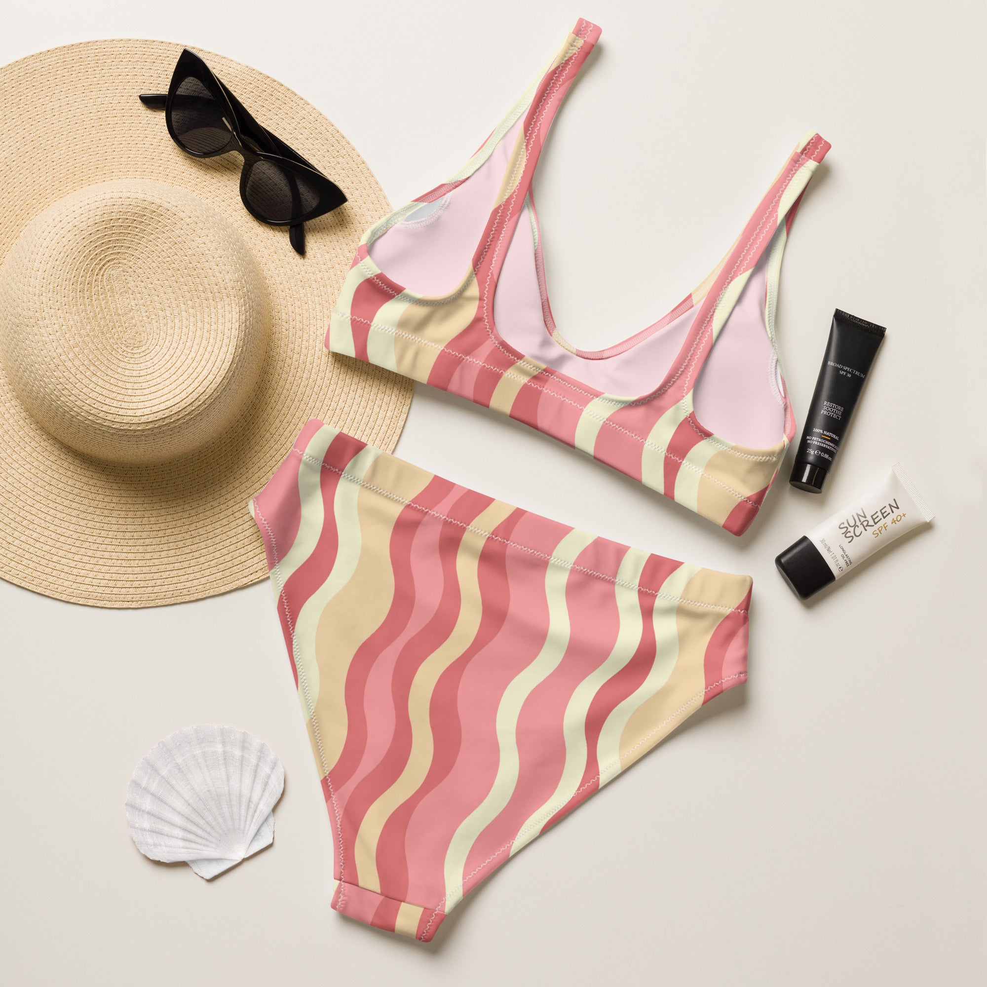 Women's Pink Retro Wave Recycled Bikini - Removable Padding, Buttery Soft Quick-Drying UPF 50+ Fabric