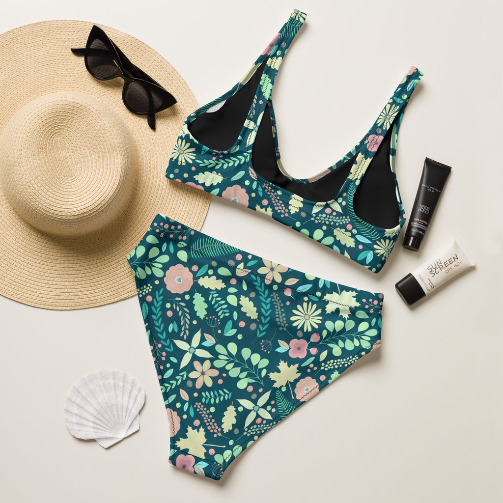 Women's Teal Botanical Floral Recycled Bikini - Removable Padding, Buttery Soft Quick-Drying UPF 50+ Fabric