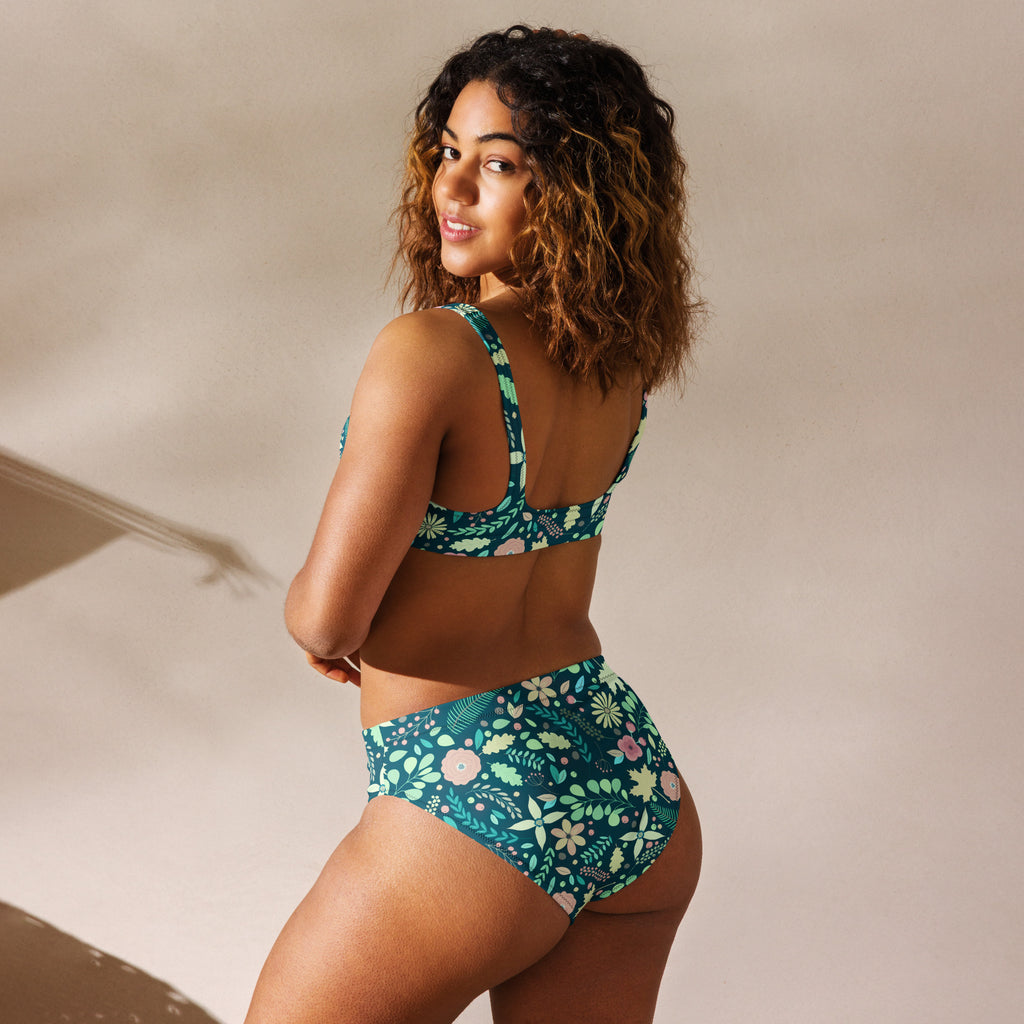 Women's Teal Botanical Floral Recycled Bikini - Removable Padding, Buttery Soft Quick-Drying UPF 50+ Fabric