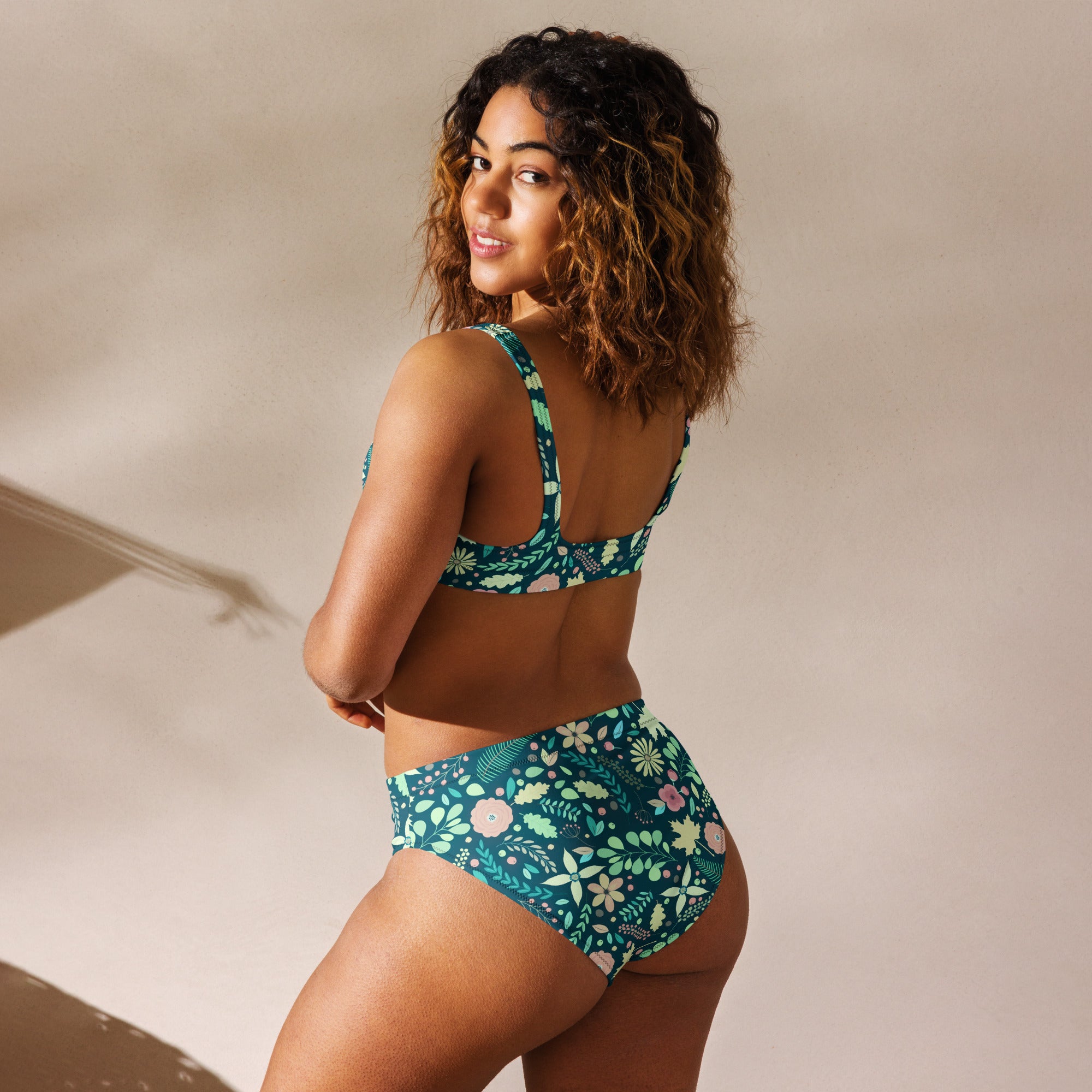 Women's Teal Botanical Floral Recycled Bikini - Removable Padding, Buttery Soft Quick-Drying UPF 50+ Fabric