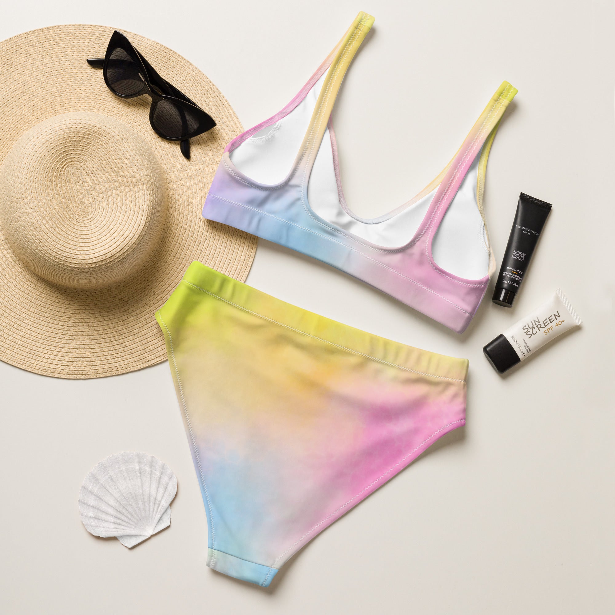 Women's Colorful Pastel Watercolor Recycled Bikini - Removable Padding, Buttery Soft Quick-Drying UPF 50+ Fabric