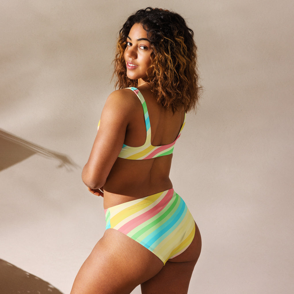Women's Pastel Beach Rainbow Stripe Recycled Bikini - Removable Padding, Buttery Soft Quick-Drying UPF 50+ Fabric