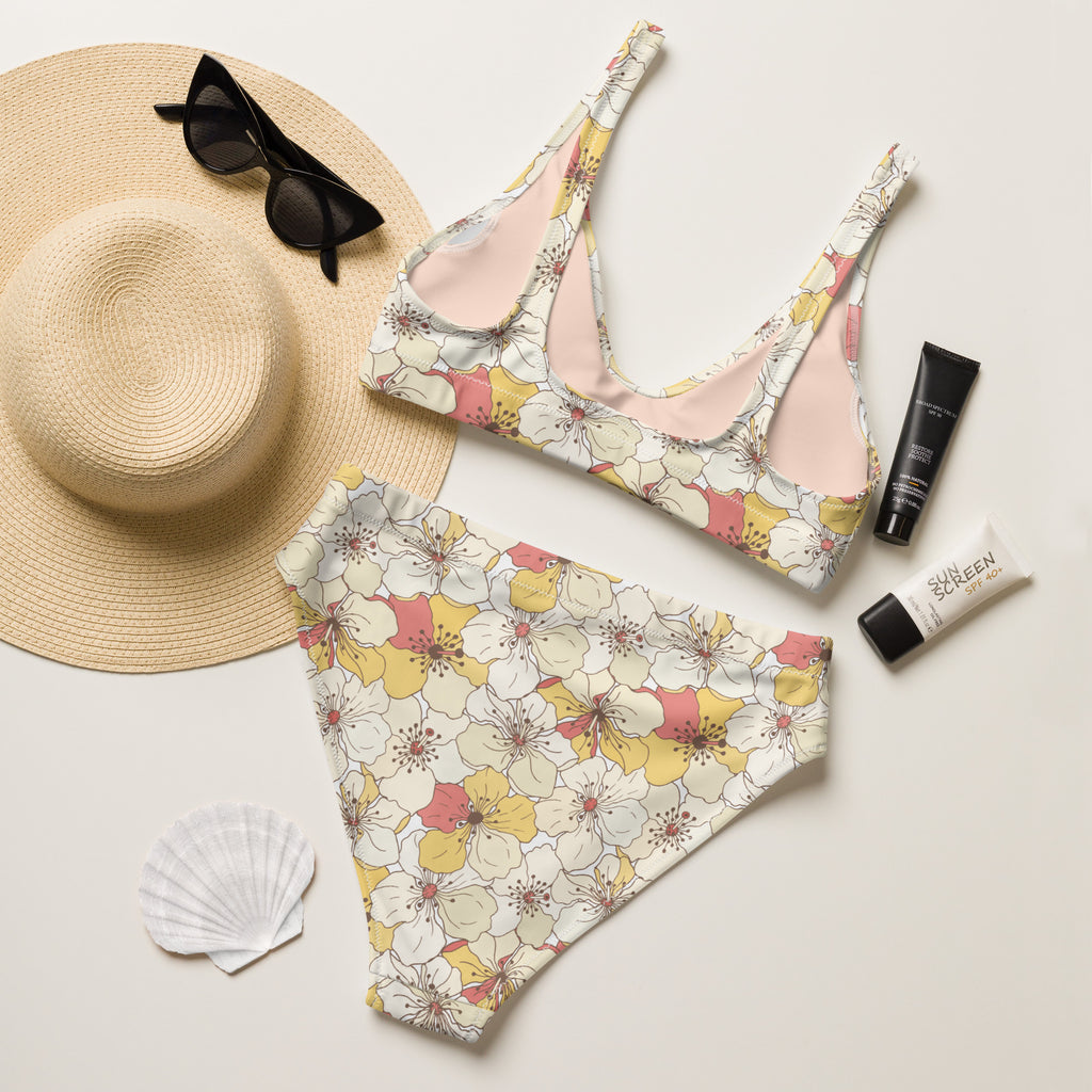 Women's Cream Floral Recycled Bikini - Removable Padding, Buttery Soft Quick-Drying UPF 50+ Fabric