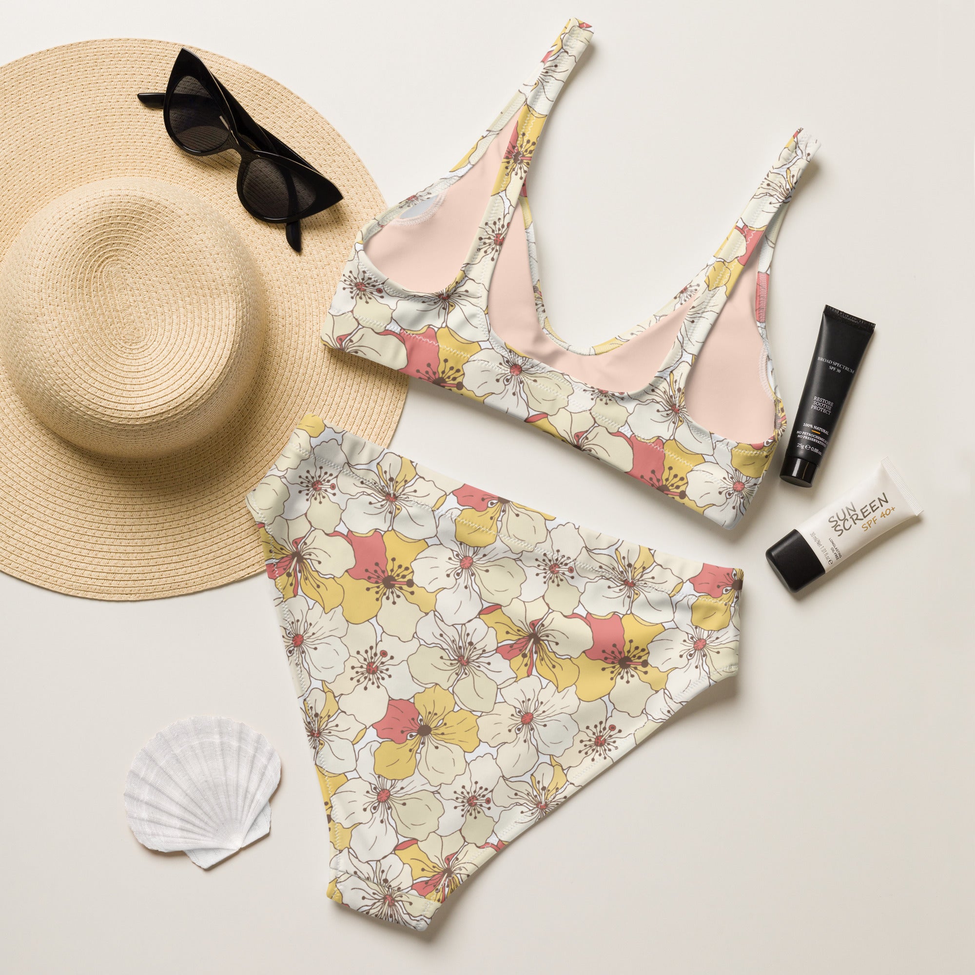 Women's Cream Floral Recycled Bikini - Removable Padding, Buttery Soft Quick-Drying UPF 50+ Fabric