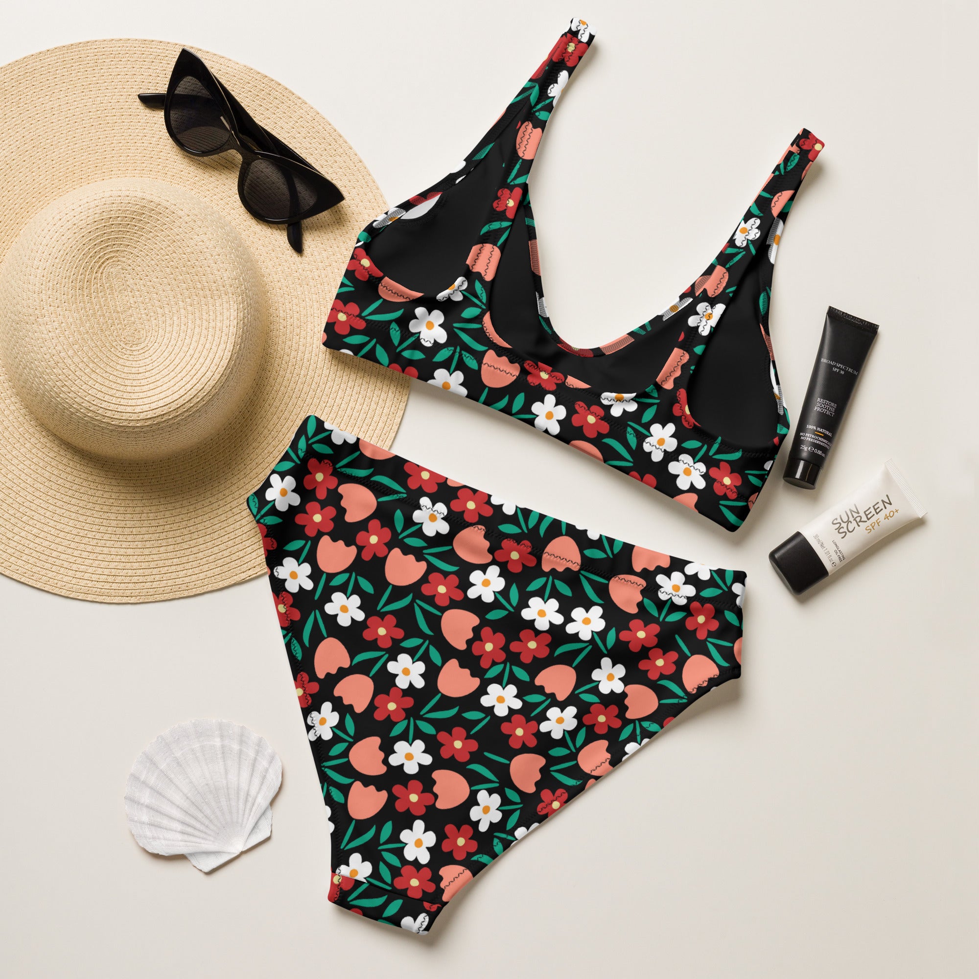 Women's Retro Color Floral Daisy Recycled Bikini - Removable Padding, Buttery Soft Quick-Drying UPF 50+ Fabric
