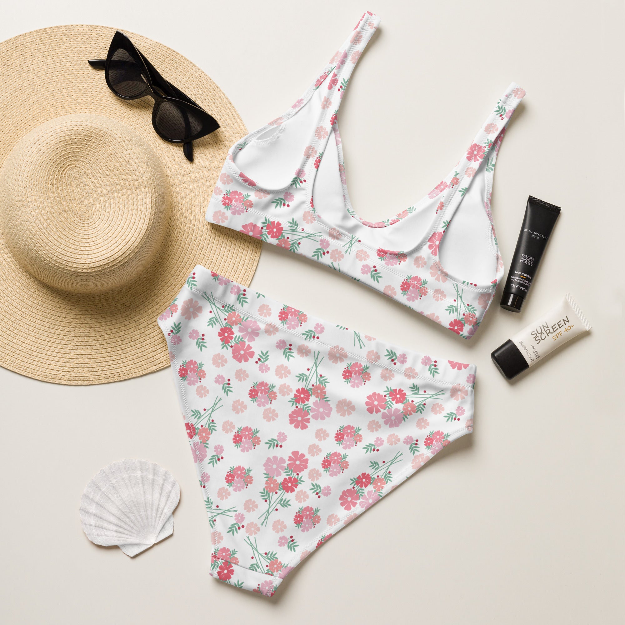 Women's Pink Wildflower Recycled Bikini - Removable Padding, Buttery Soft Quick-Drying UPF 50+ Fabric