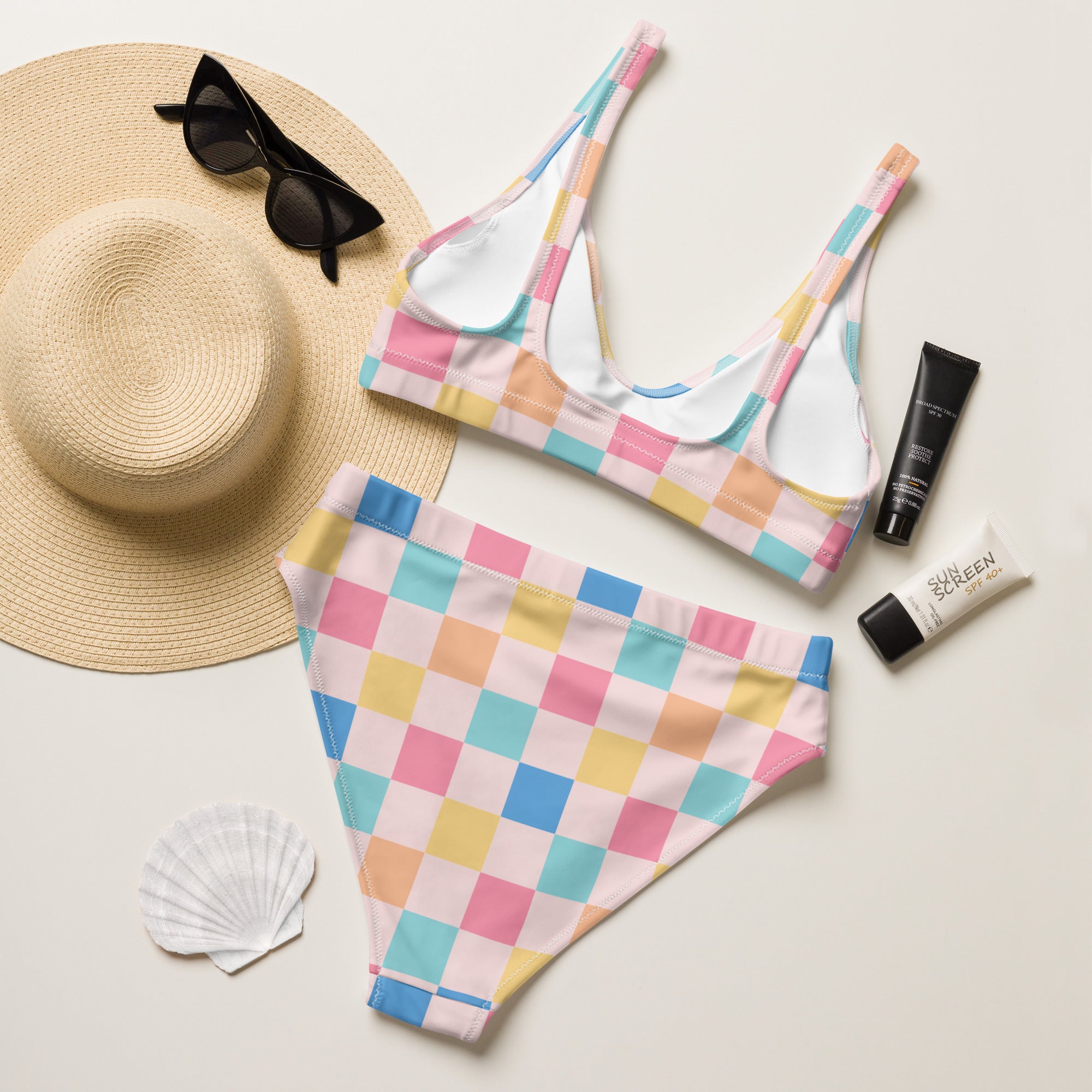 Women's Colorful Pastel Checkerboard Recycled Bikini - Removable Padding, Buttery Soft Quick-Drying UPF 50+ Fabric