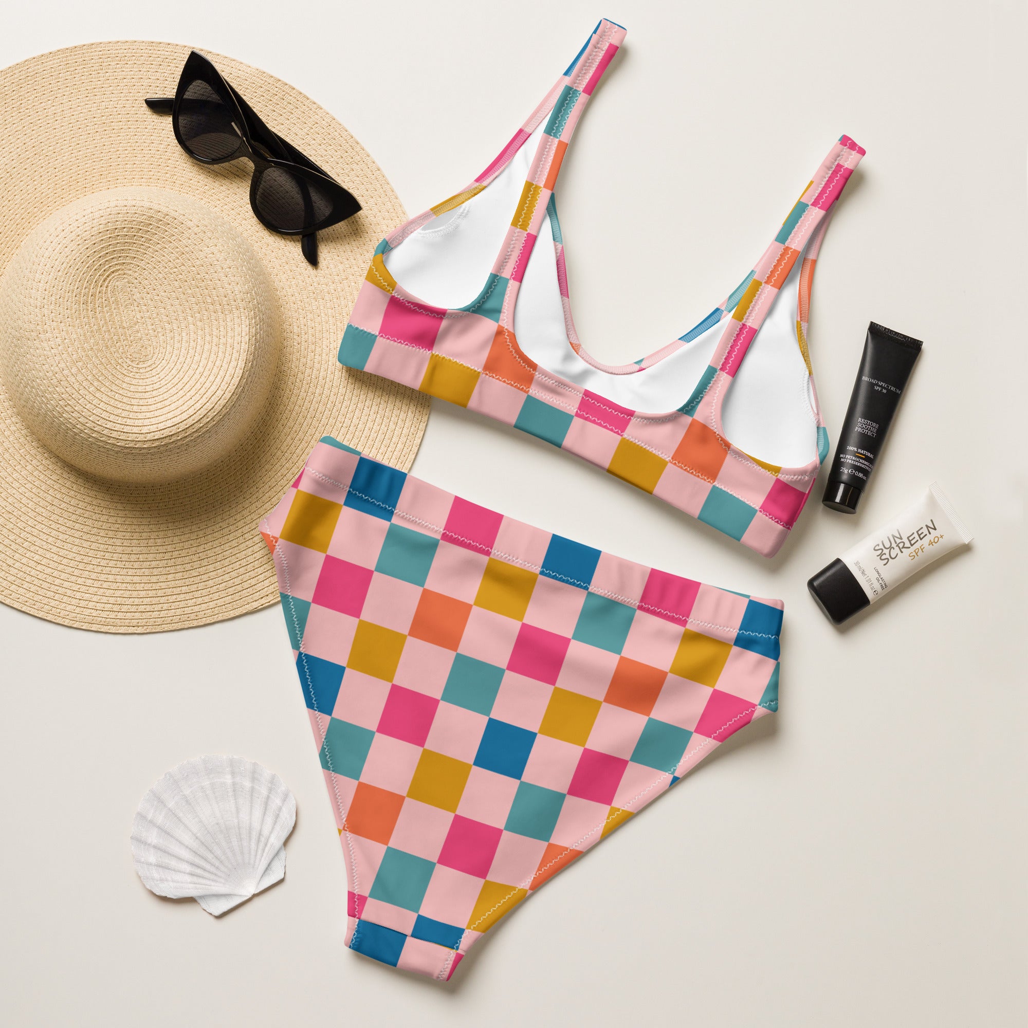 Women's Colorful Pink Pastel Checkerboard Recycled Bikini - Removable Padding, Buttery Soft Quick-Drying UPF 50+ Fabric
