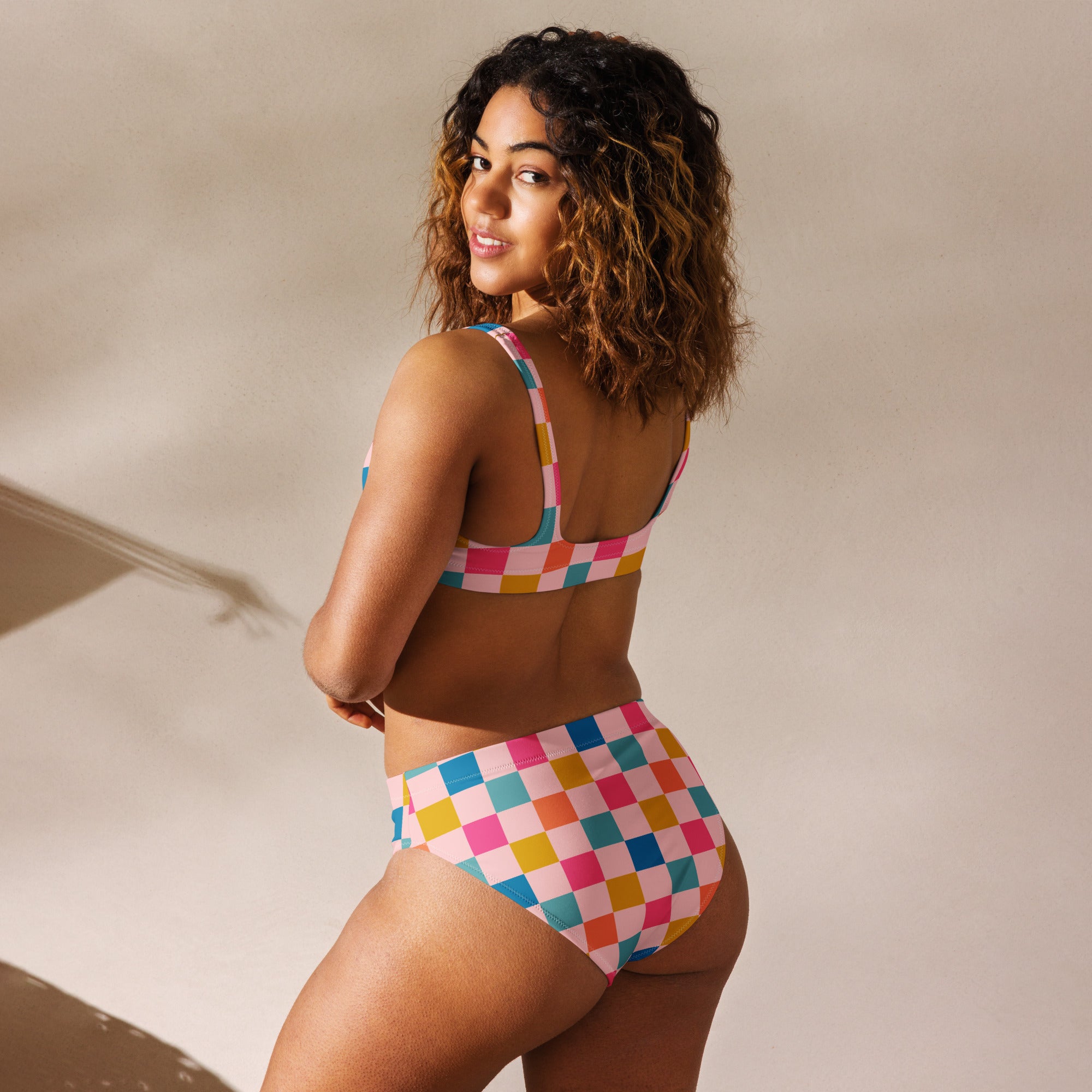 Women's Colorful Pink Pastel Checkerboard Recycled Bikini - Removable Padding, Buttery Soft Quick-Drying UPF 50+ Fabric