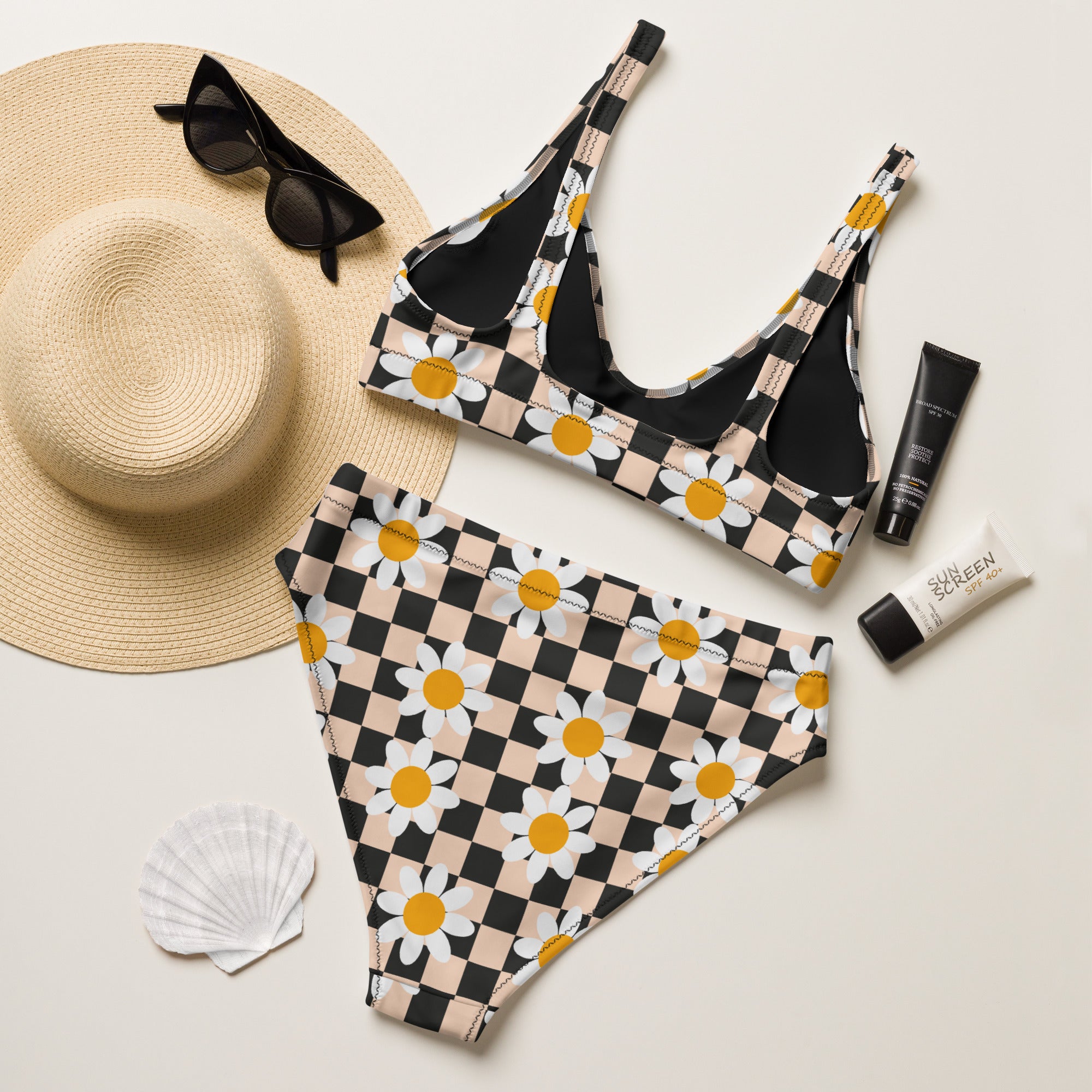 Women's Daisy Checkerboard Recycled Bikini - Removable Padding, Buttery Soft Quick-Drying UPF 50+ Fabric