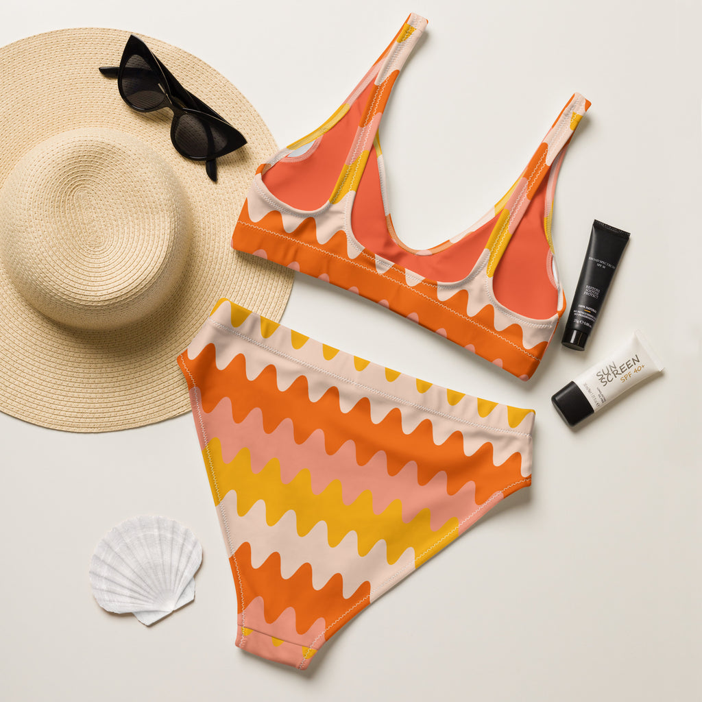 Women's Orange Wavy Stripe Recycled Bikini - Removable Padding, Buttery Soft Quick-Drying UPF 50+ Fabric