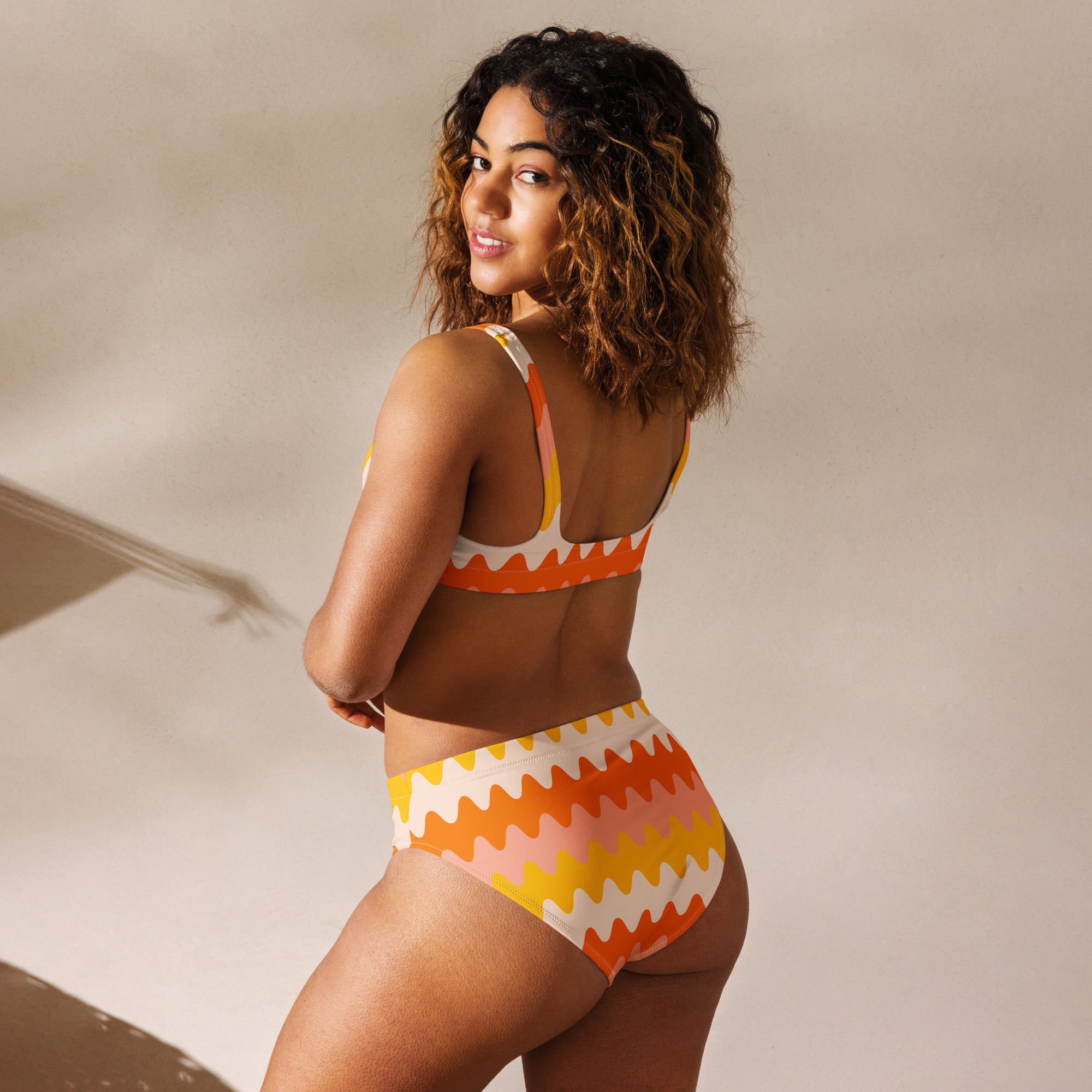 Women's Orange Wavy Stripe Recycled Bikini - Removable Padding, Buttery Soft Quick-Drying UPF 50+ Fabric
