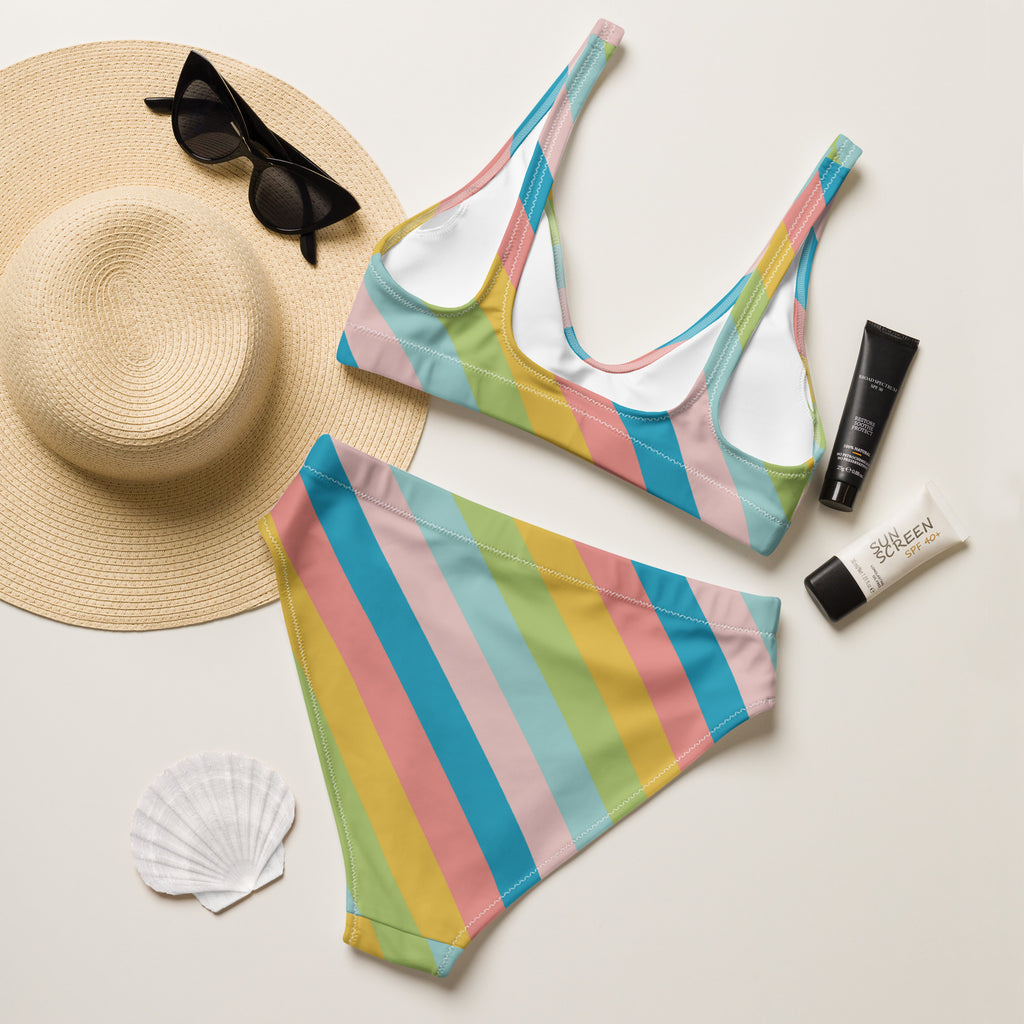 Women's Colorful Retro Striped Recycled Bikini - Removable Padding, Buttery Soft Quick-Drying UPF 50+ Fabric
