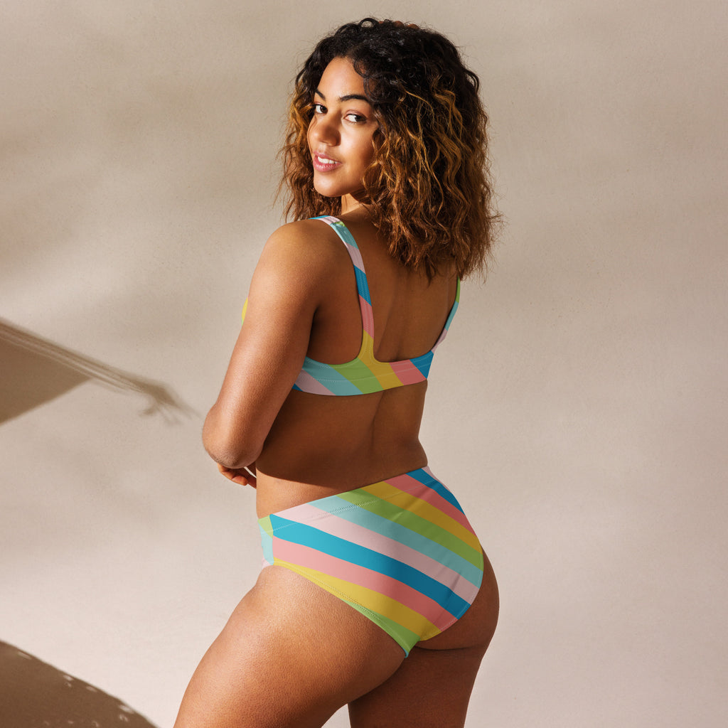 Women's Colorful Retro Striped Recycled Bikini - Removable Padding, Buttery Soft Quick-Drying UPF 50+ Fabric