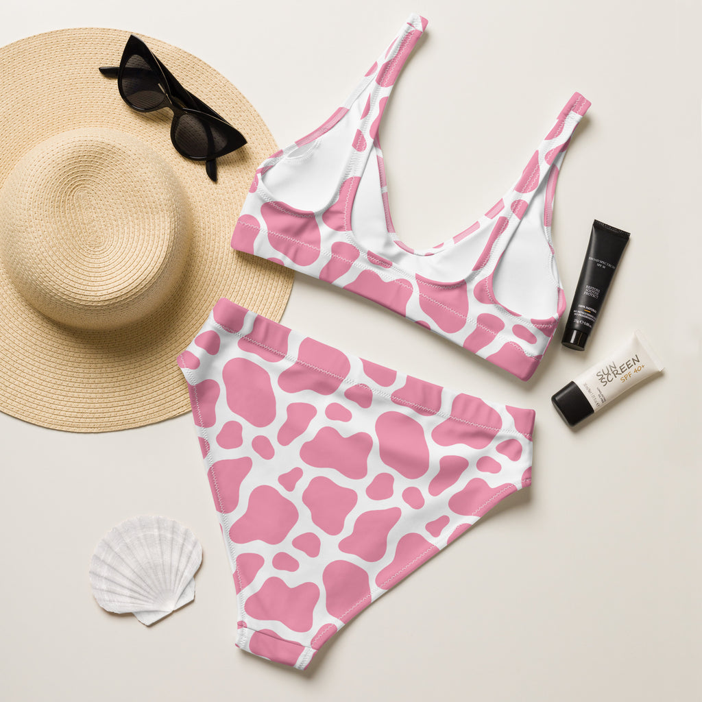 Women's Pink Cow Print Recycled Bikini - Removable Padding, Buttery Soft Quick-Drying UPF 50+ Fabric