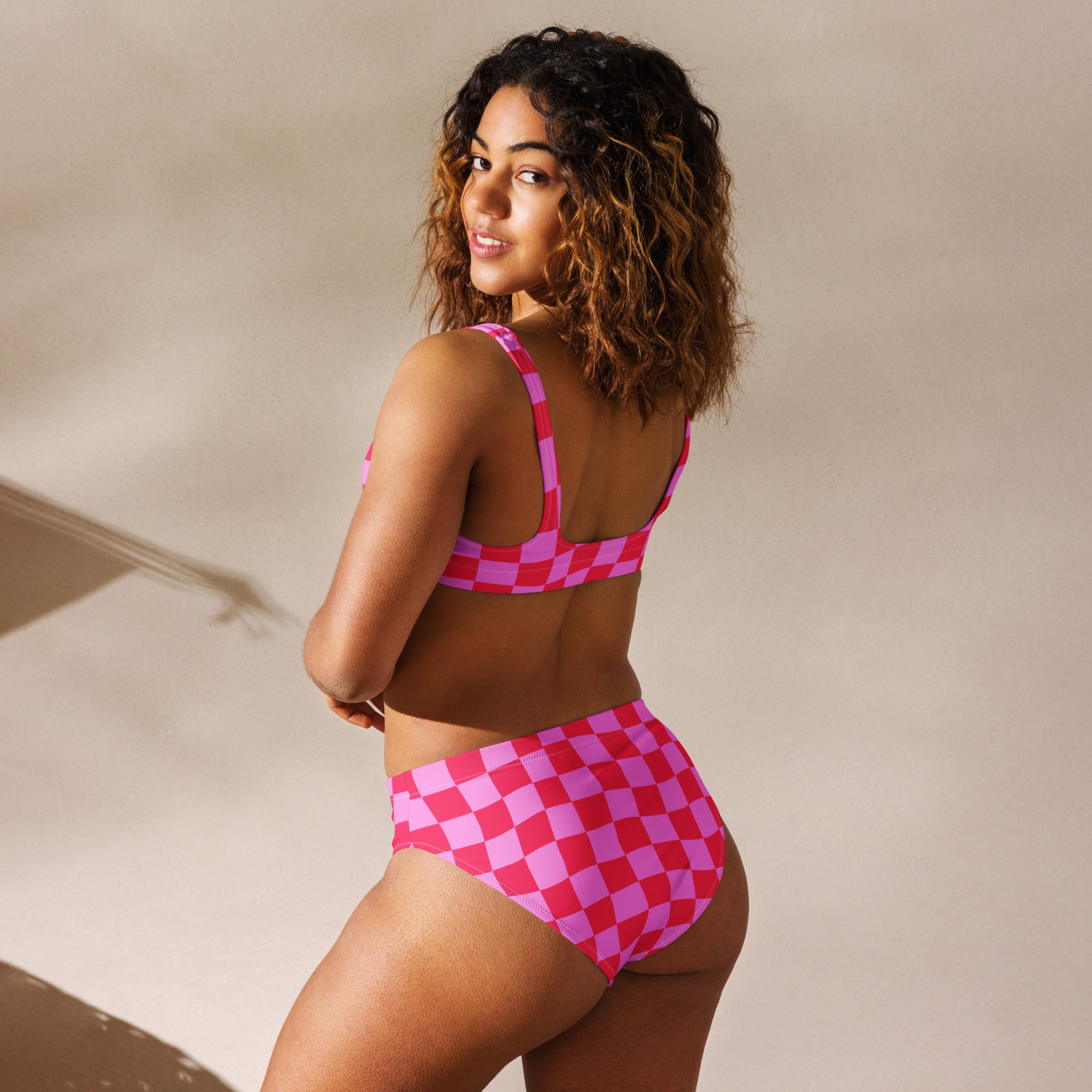 Women's Pink Checkerboard Recycled Bikini - Removable Padding, Buttery Soft Quick-Drying UPF 50+ Fabric