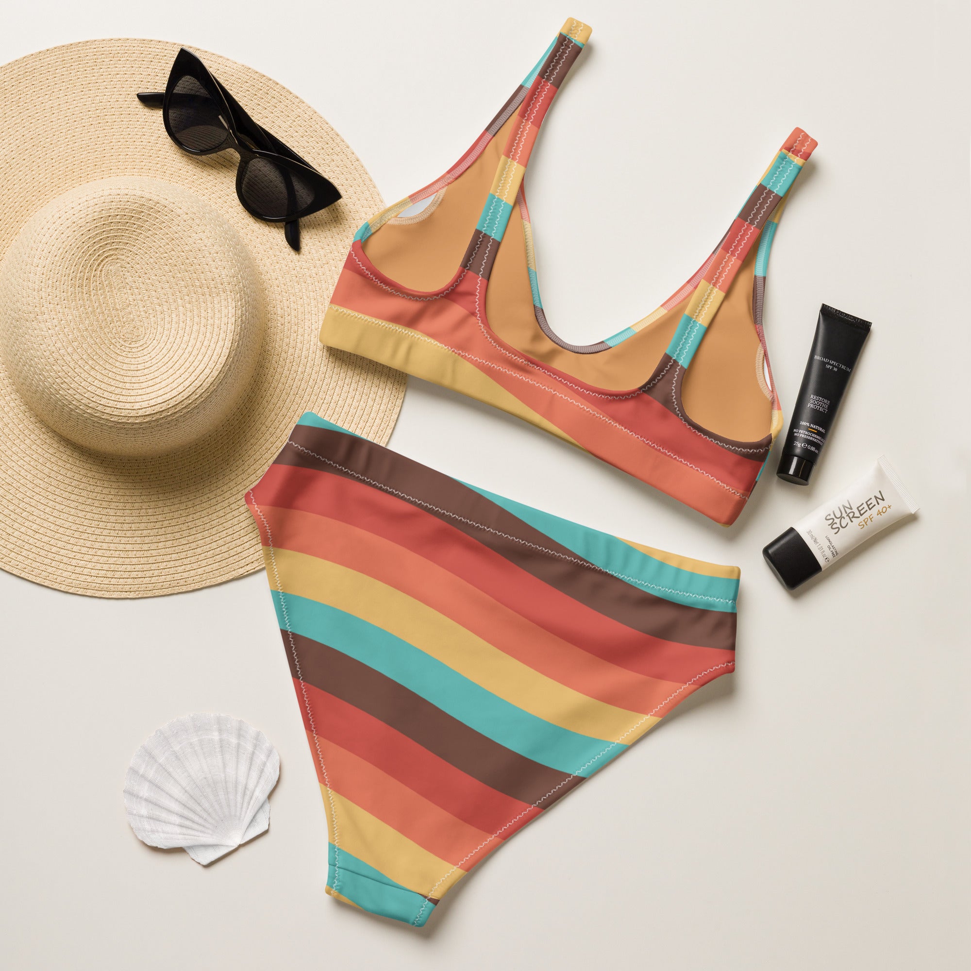 Women's Beach Sunset Retro Wavy Recycled Bikini - Removable Padding, Buttery Soft Quick-Drying UPF 50+ Fabric
