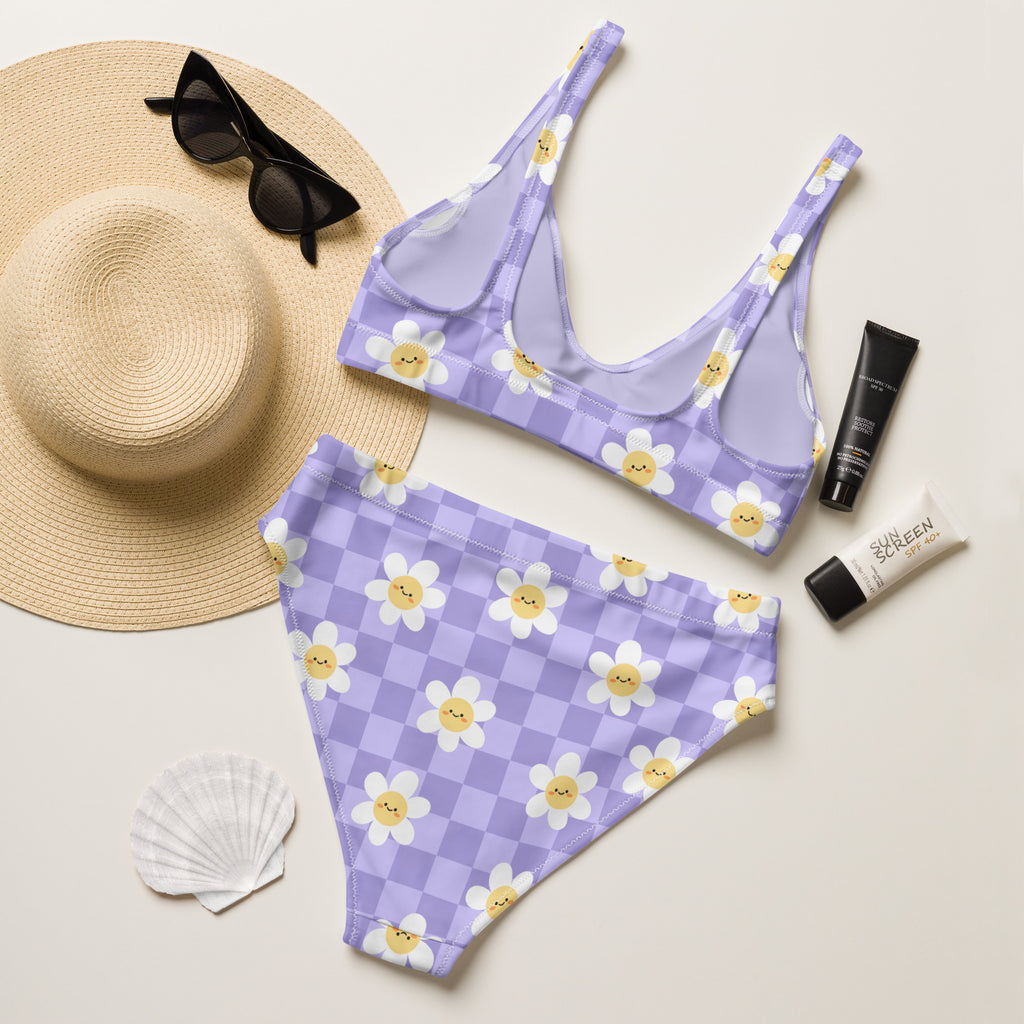 Women's Purple Daisy Checkerboard Recycled Bikini - Removable Padding, Buttery Soft Quick-Drying UPF 50+ Fabric