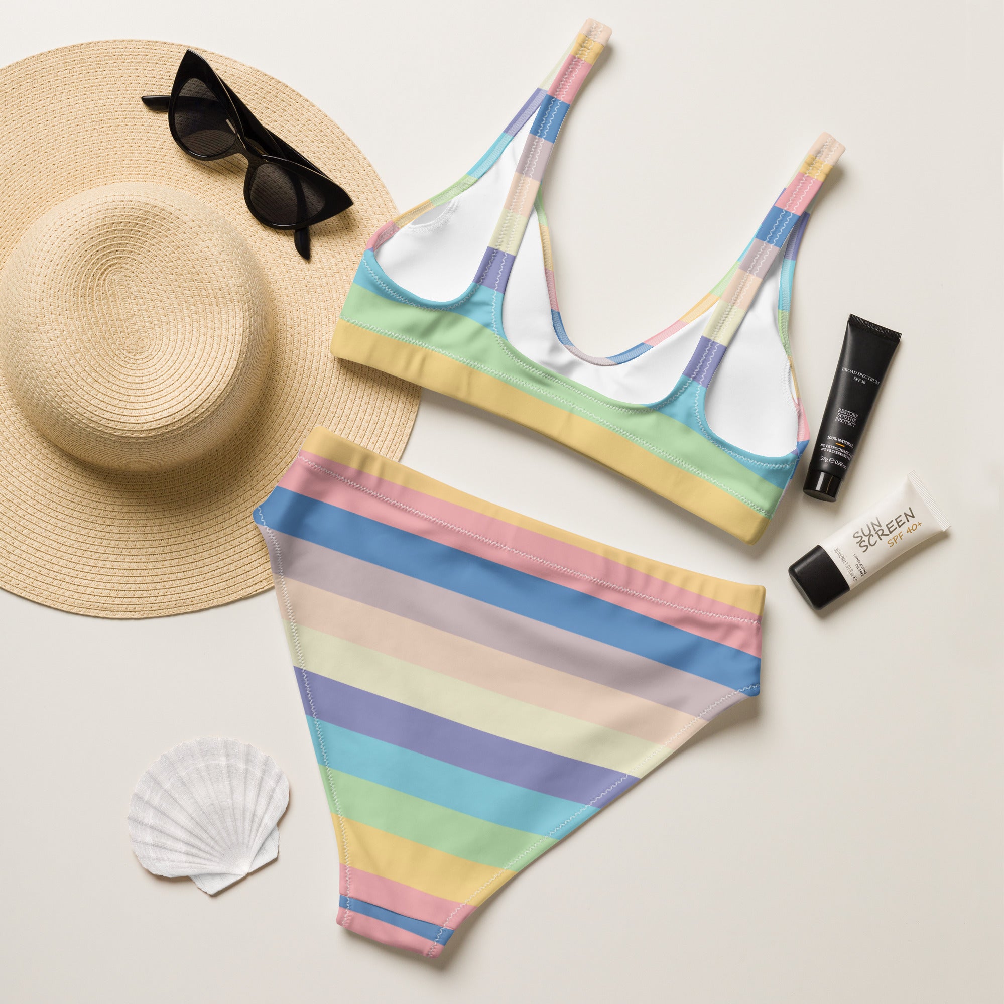 Women's Pastel Beach Rainbow Stripe Recycled Bikini - Removable Padding, Buttery Soft Quick-Drying UPF 50+ Fabric
