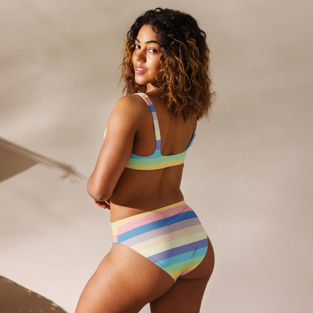 Women's Pastel Beach Rainbow Stripe Recycled Bikini - Removable Padding, Buttery Soft Quick-Drying UPF 50+ Fabric