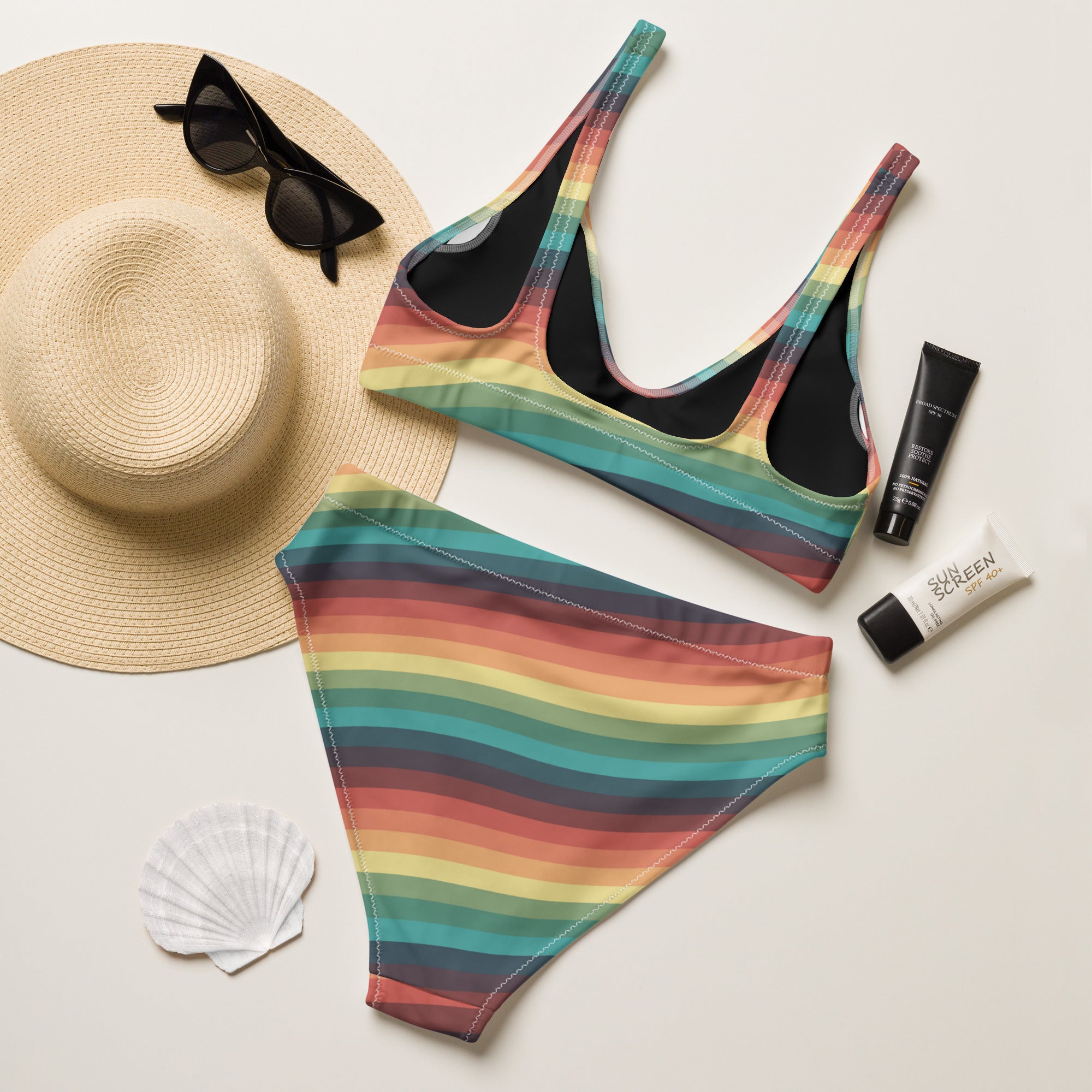 Women's Retro Sunset Stripe Recycled Bikini - Removable Padding, Buttery Soft Quick-Drying UPF 50+ Fabric