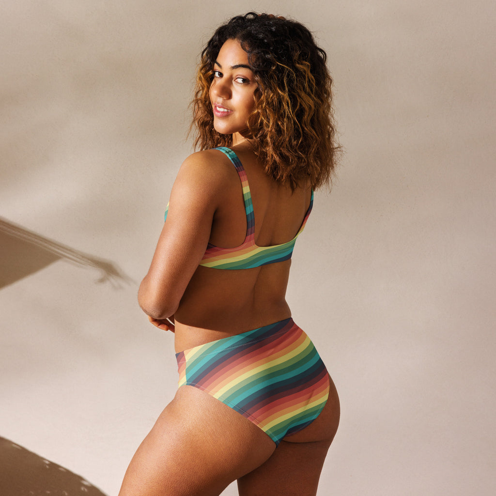 Women's Retro Sunset Stripe Recycled Bikini - Removable Padding, Buttery Soft Quick-Drying UPF 50+ Fabric
