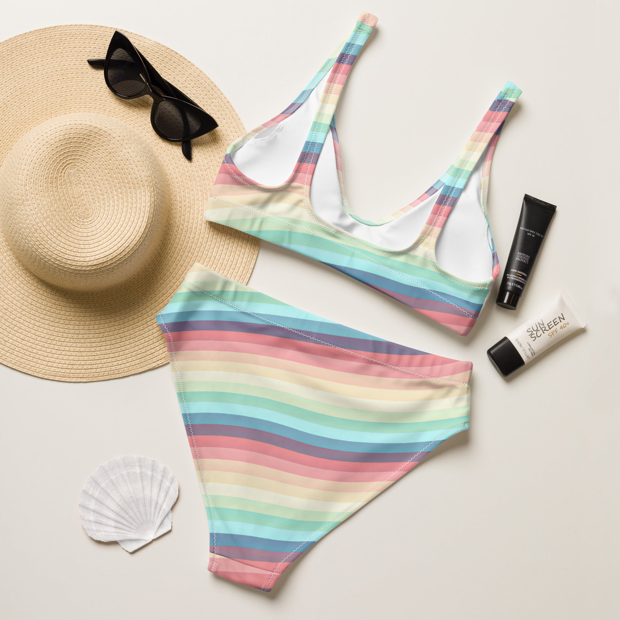 Women's Colorful Summer Stripe Recycled Bikini - Removable Padding, Buttery Soft Quick-Drying UPF 50+ Fabric