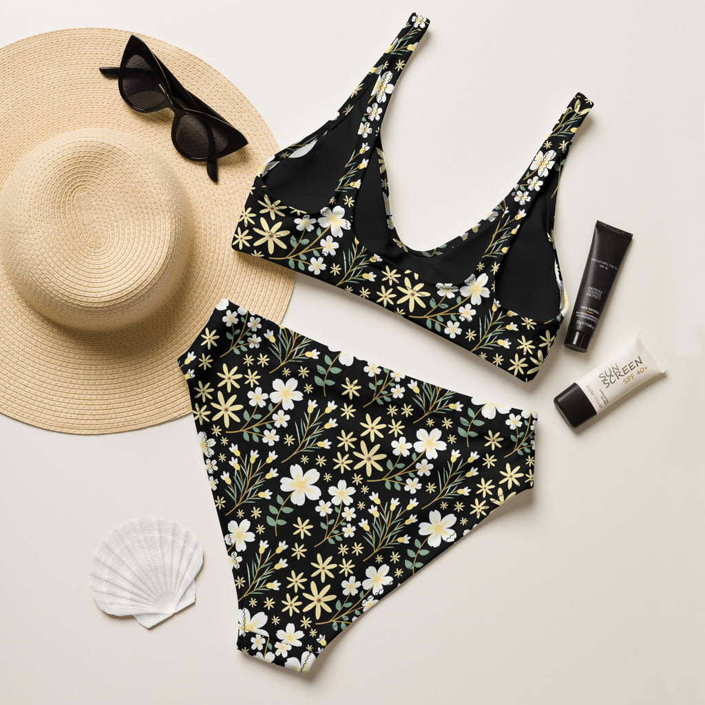 Women's Black Floral Garden Recycled Bikini - Removable Padding, Buttery Soft Quick-Drying UPF 50+ Fabric