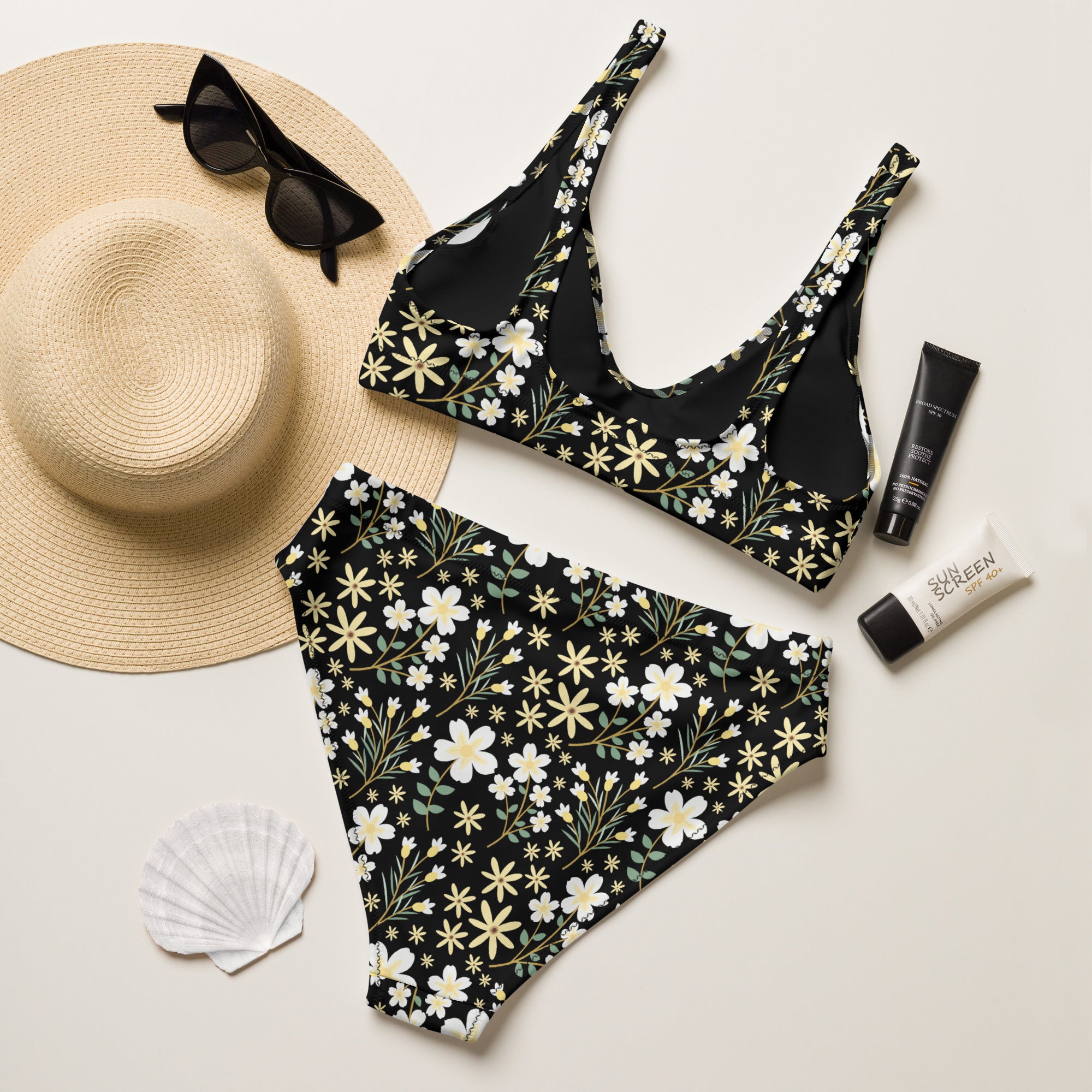 Women's Black Floral Garden Recycled Bikini - Removable Padding, Buttery Soft Quick-Drying UPF 50+ Fabric