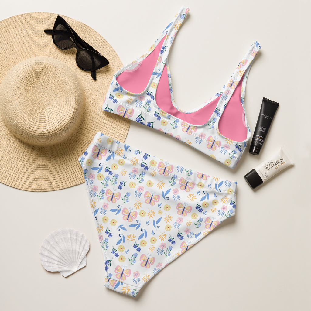 Women's White Butterfly Floral Recycled Bikini - Removable Padding, Buttery Soft Quick-Drying UPF 50+ Fabric