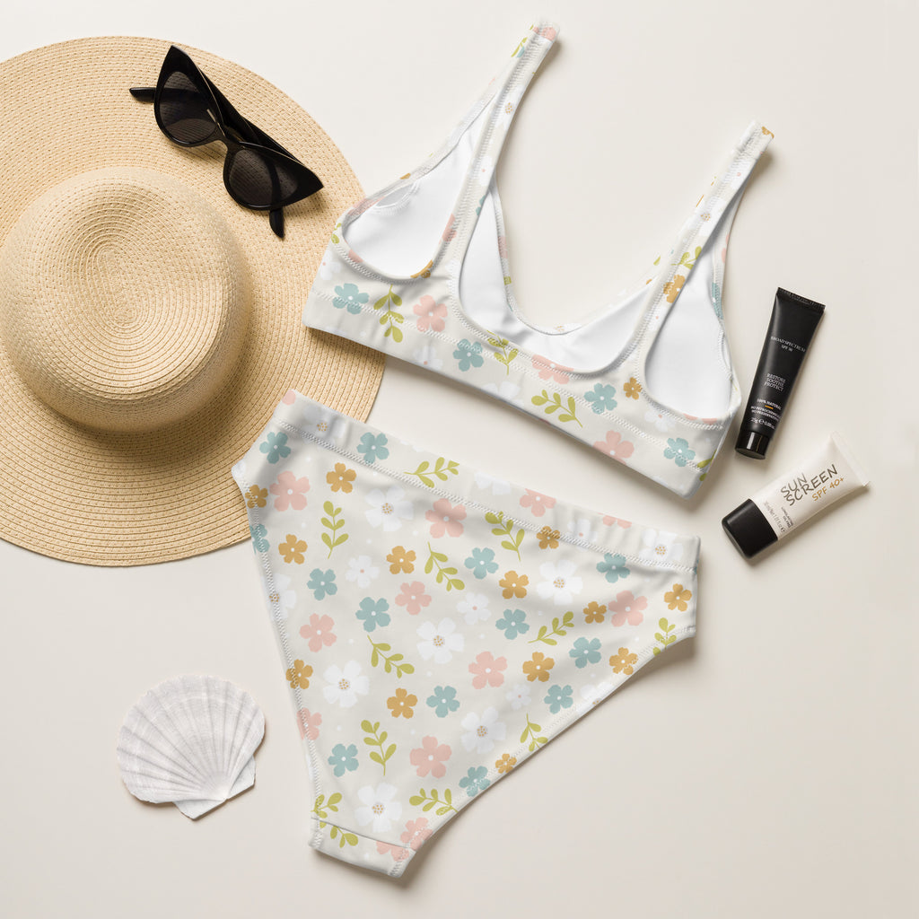 Women's Cream Floral Recycled Bikini - Removable Padding, Buttery Soft Quick-Drying UPF 50+ Fabric