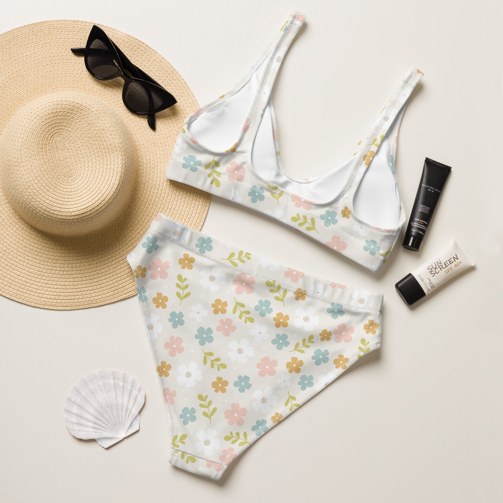 Women's Cream Floral Recycled Bikini - Removable Padding, Buttery Soft Quick-Drying UPF 50+ Fabric