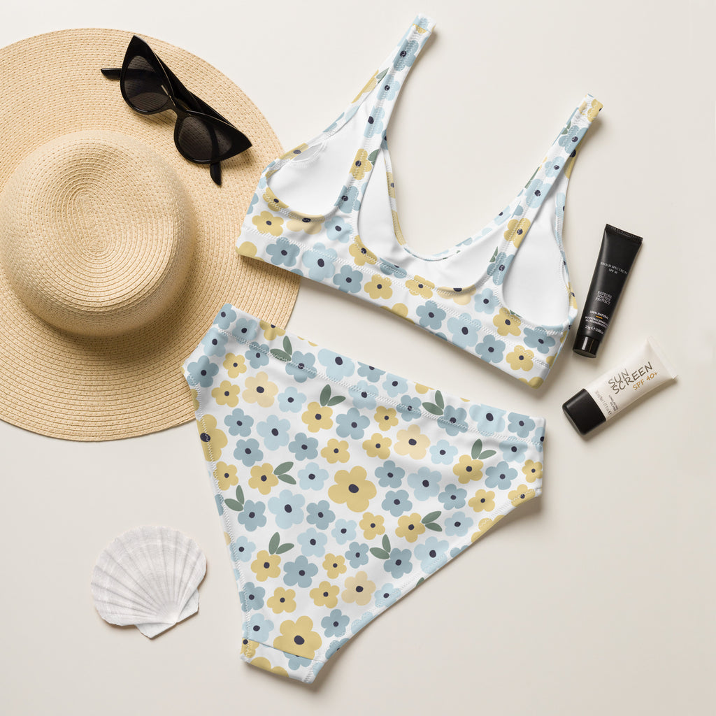 Women's Blue and Yellow Floral Recycled Bikini - Removable Padding, Buttery Soft Quick-Drying UPF 50+ Fabric