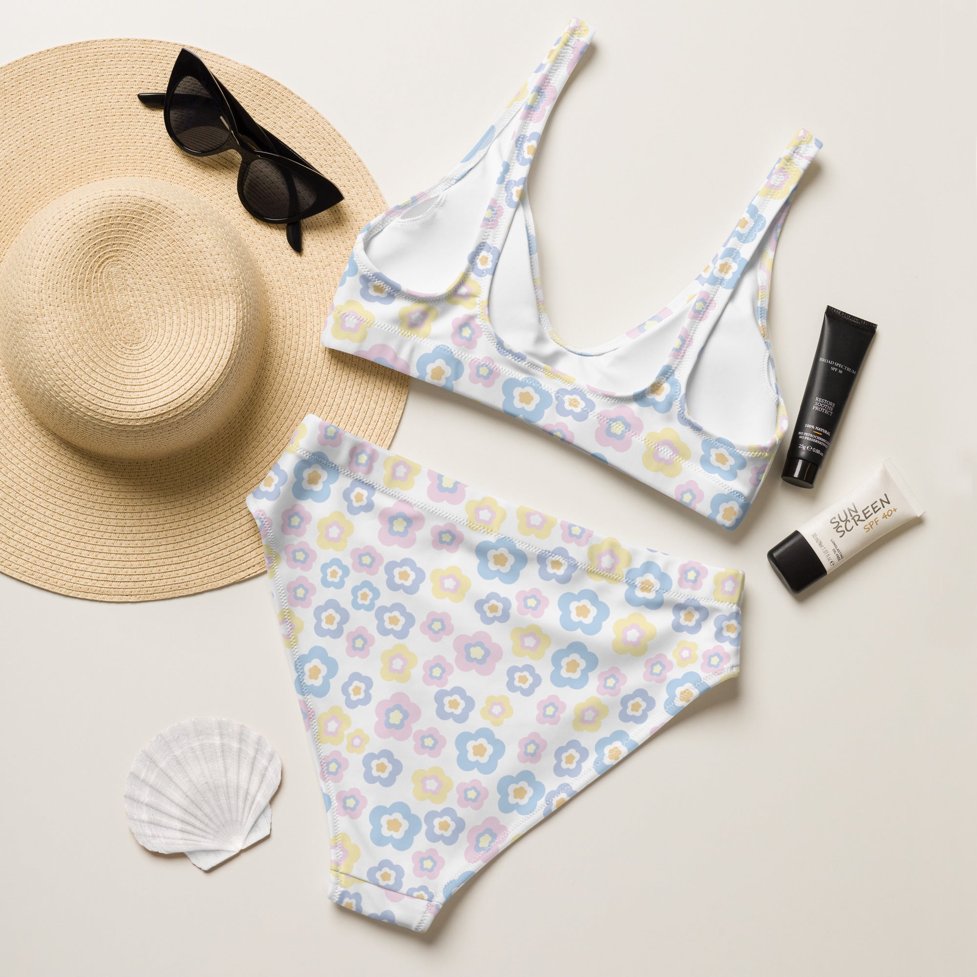 Women's Pastel Flower Recycled Bikini - Removable Padding, Buttery Soft Quick-Drying UPF 50+ Fabric