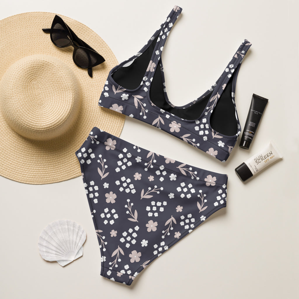 Women's Charcoal Floral Recycled Bikini - Removable Padding, Buttery Soft Quick-Drying UPF 50+ Fabric