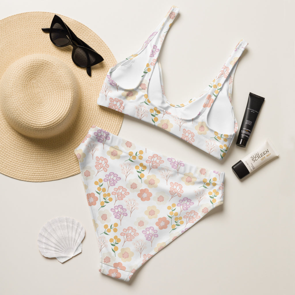 Women's Colorful Pastel Beige Botanical Recycled Bikini - Removable Padding, Buttery Soft Quick-Drying UPF 50+ Fabric