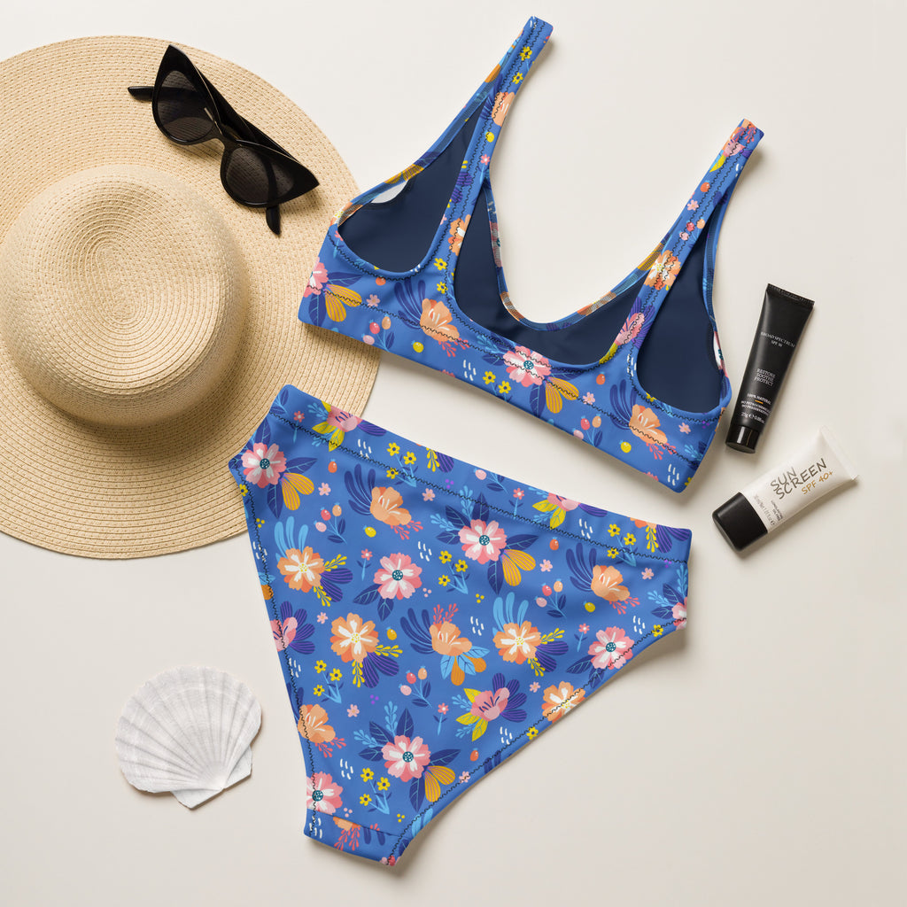 Women's Blue Floral Recycled Bikini - Removable Padding, Buttery Soft Quick-Drying UPF 50+ Fabric