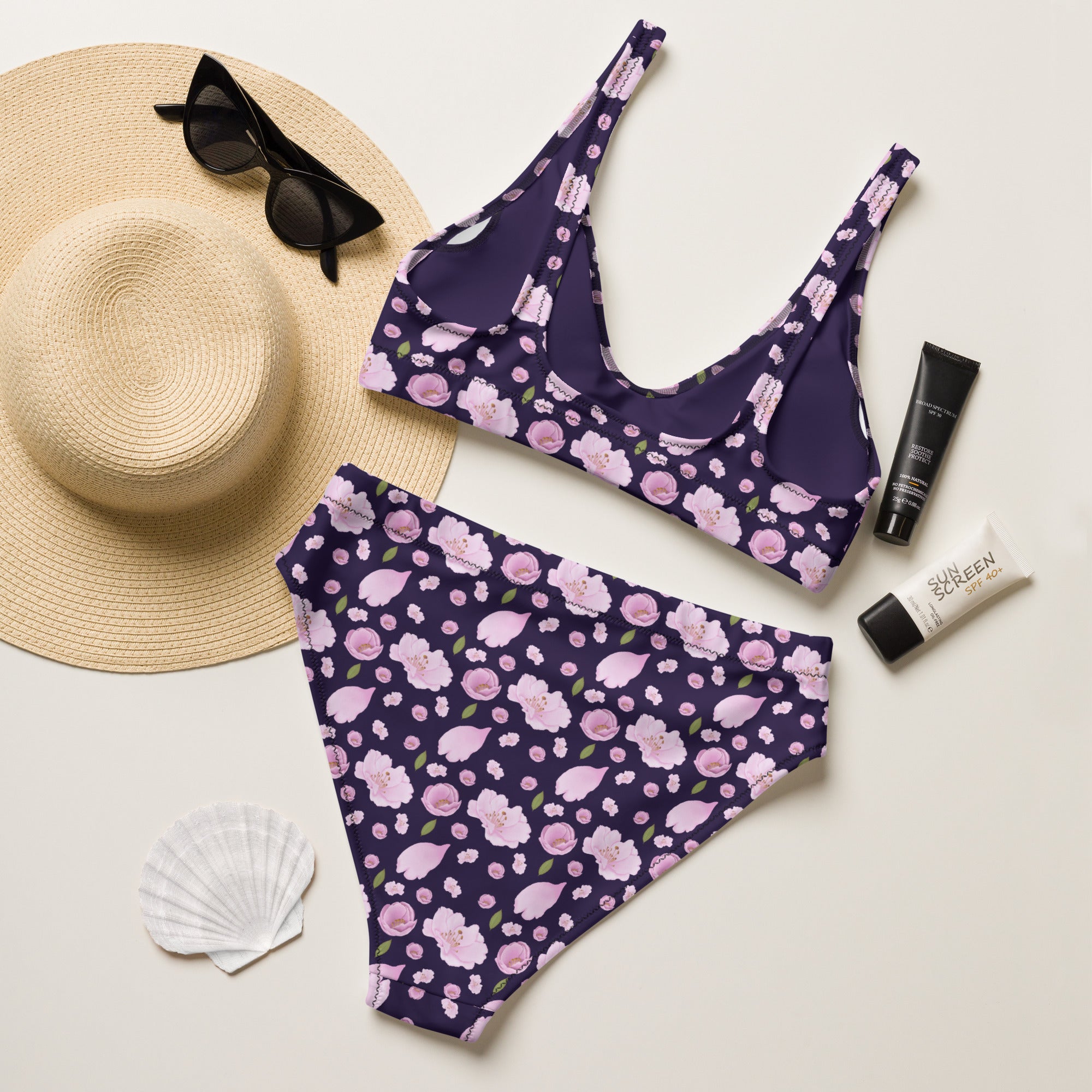 Women's Dark Purple Floral Recycled Bikini - Removable Padding, Buttery Soft Quick-Drying UPF 50+ Fabric