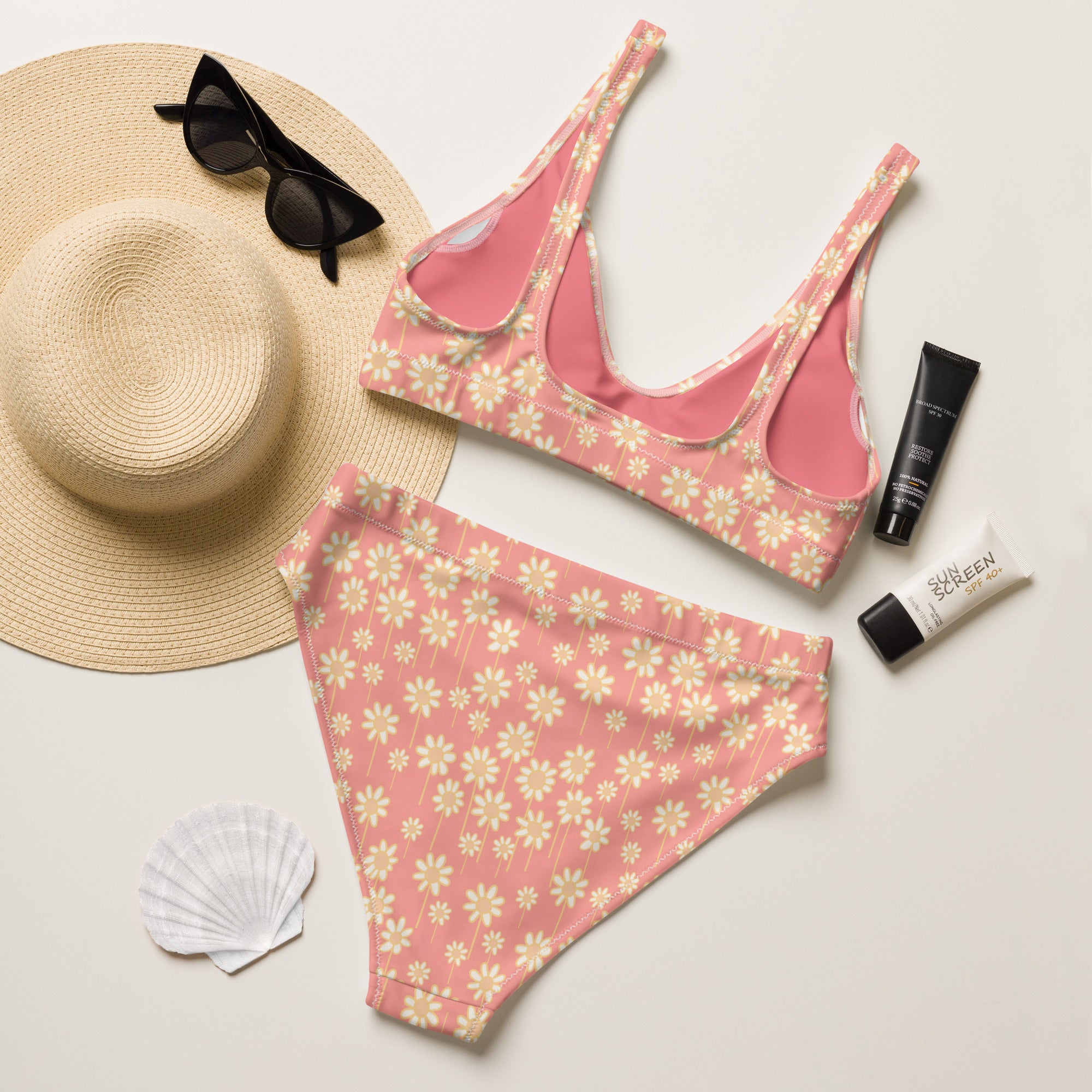 Women's Pink Daisy Recycled Bikini - Removable Padding, Buttery Soft Quick-Drying UPF 50+ Fabric