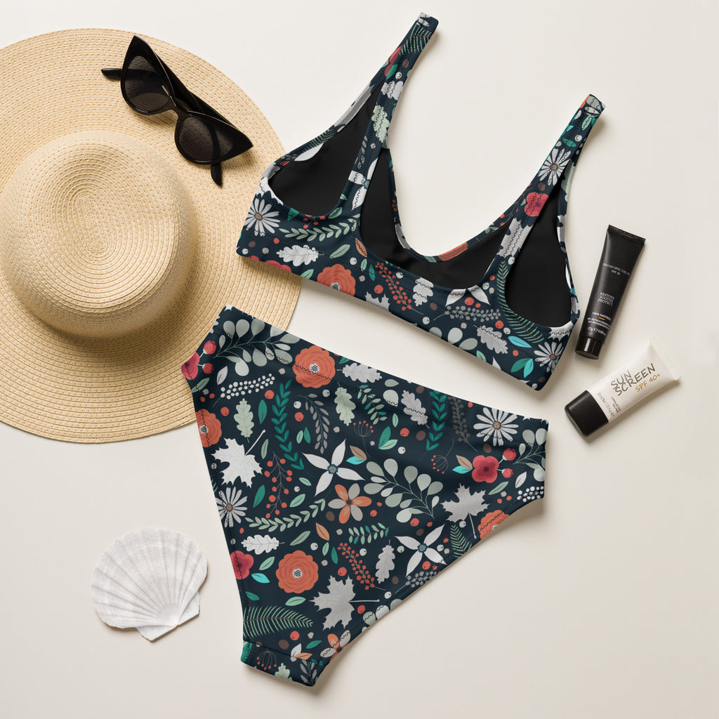 Women's Dark Botanical Floral Recycled Bikini - Removable Padding, Buttery Soft Quick-Drying UPF 50+ Fabric