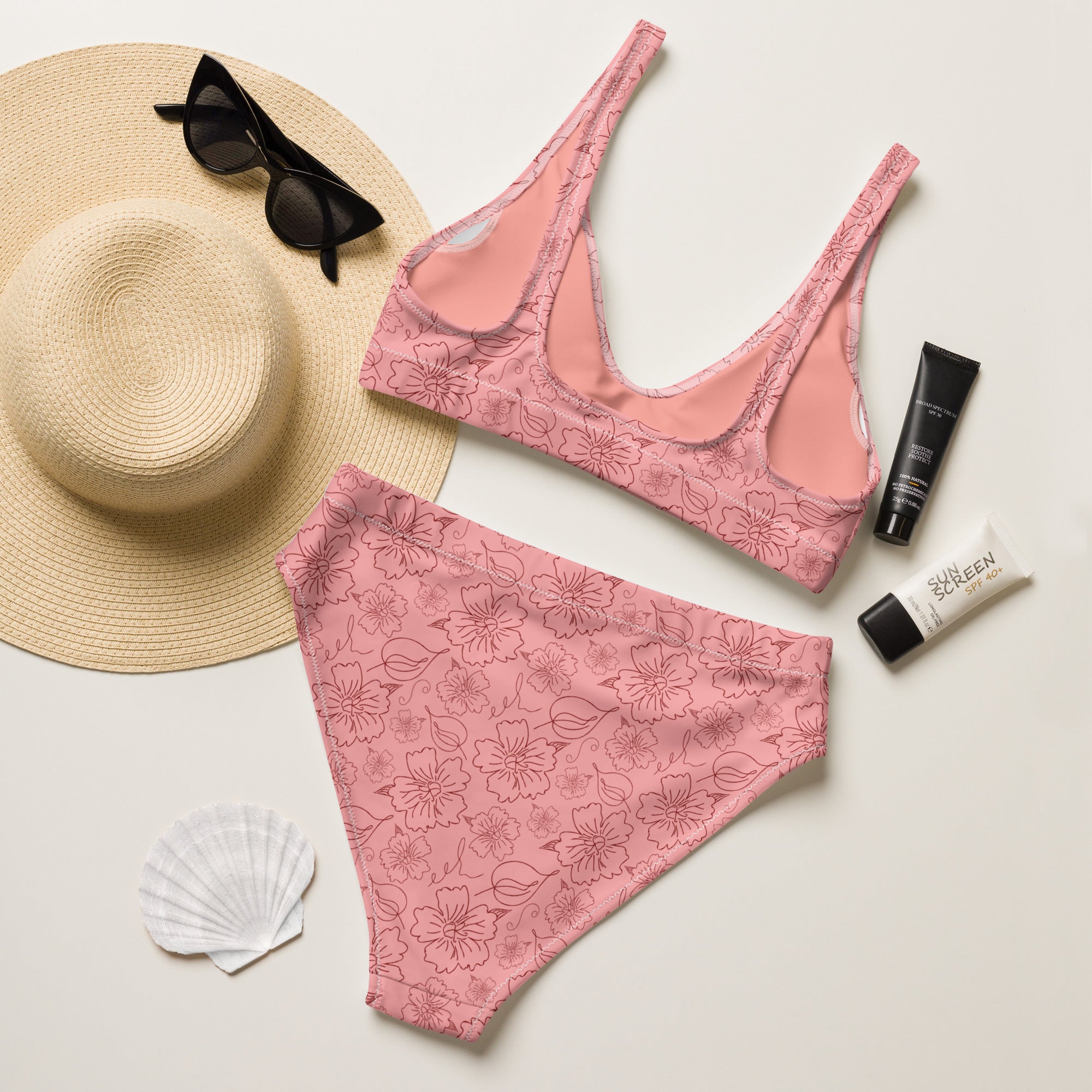 Women's Dusty Pink Floral Line Art Recycled Bikini - Removable Padding, Buttery Soft Quick-Drying UPF 50+ Fabric