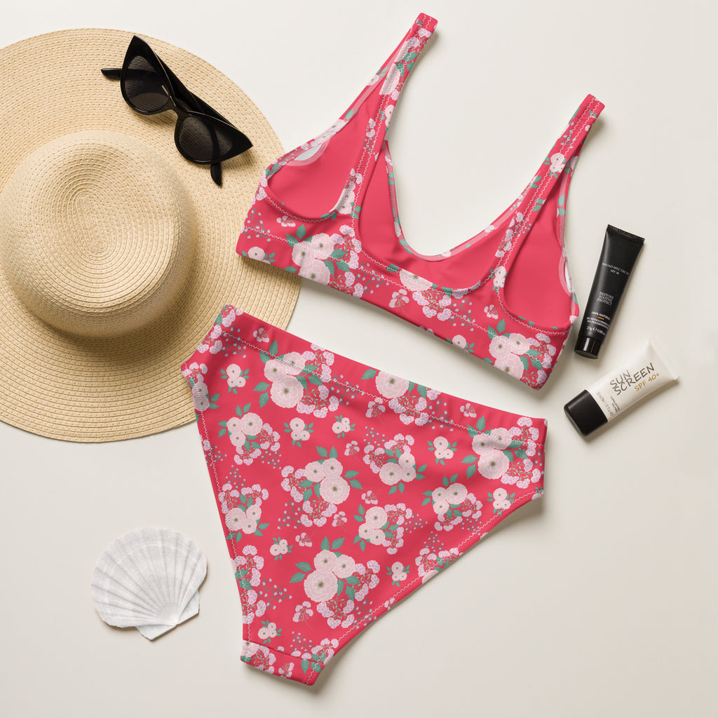 Women's Coral Pink Floral Recycled Bikini - Removable Padding, Buttery Soft Quick-Drying UPF 50+ Fabric