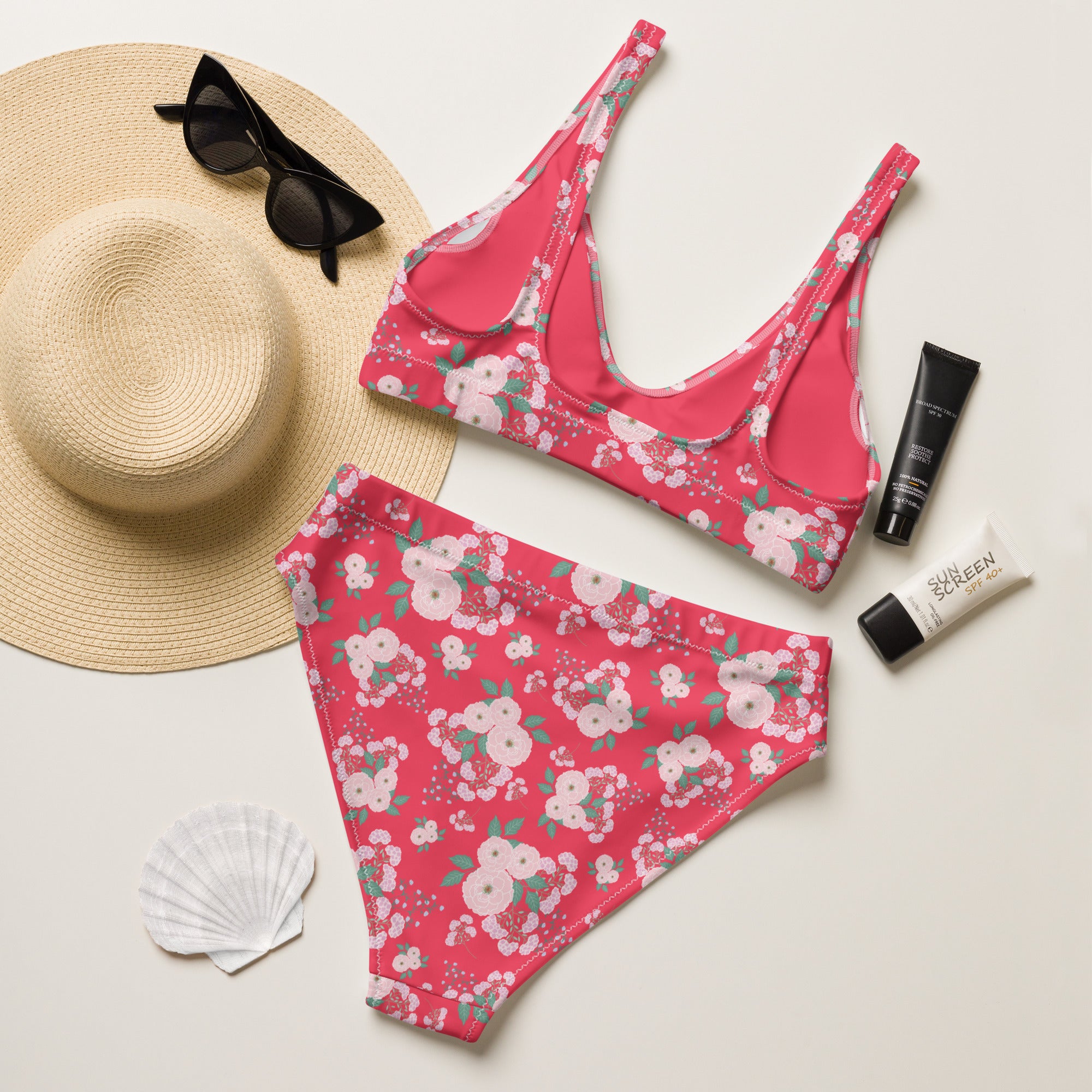 Women's Coral Pink Floral Recycled Bikini - Removable Padding, Buttery Soft Quick-Drying UPF 50+ Fabric