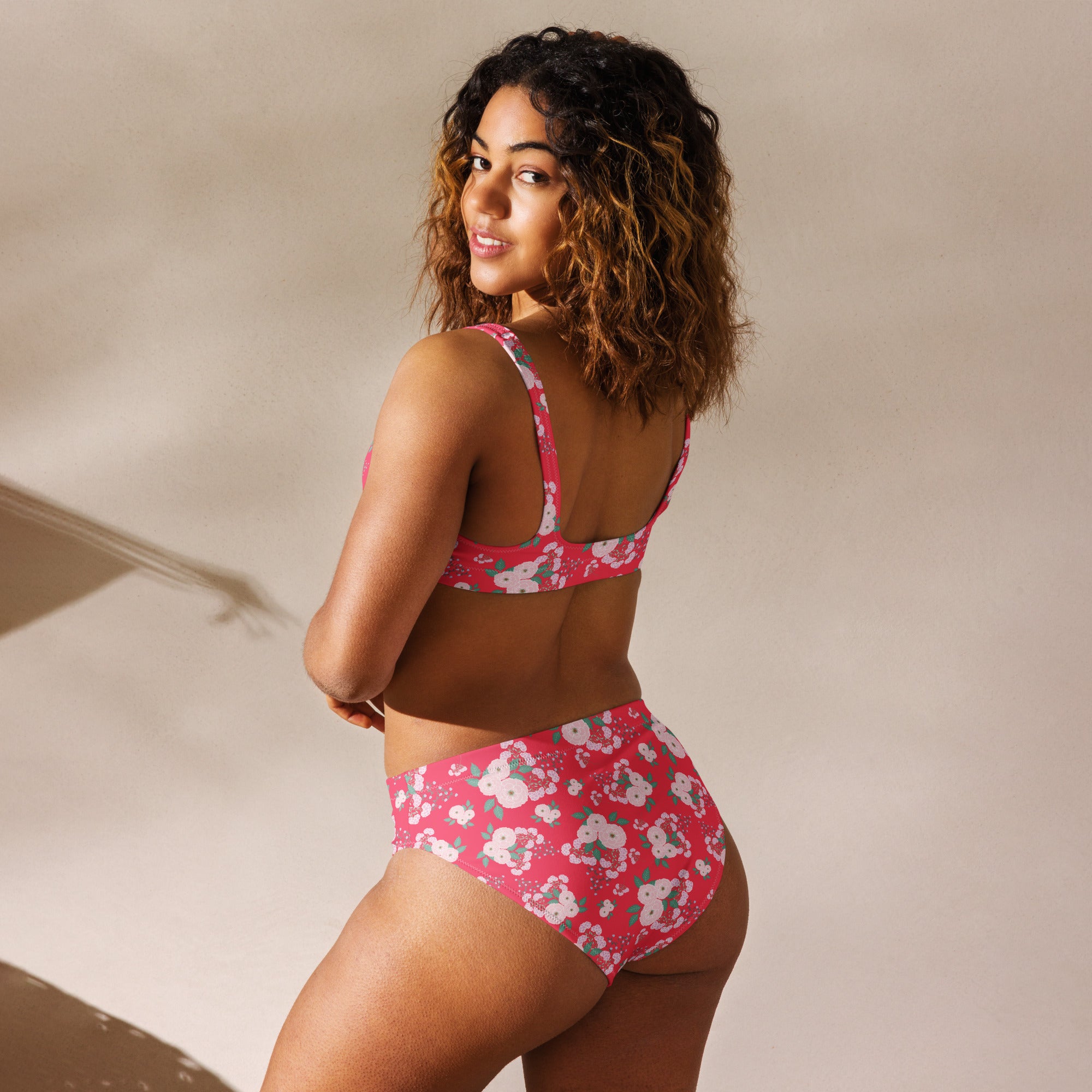 Women's Coral Pink Floral Recycled Bikini - Removable Padding, Buttery Soft Quick-Drying UPF 50+ Fabric