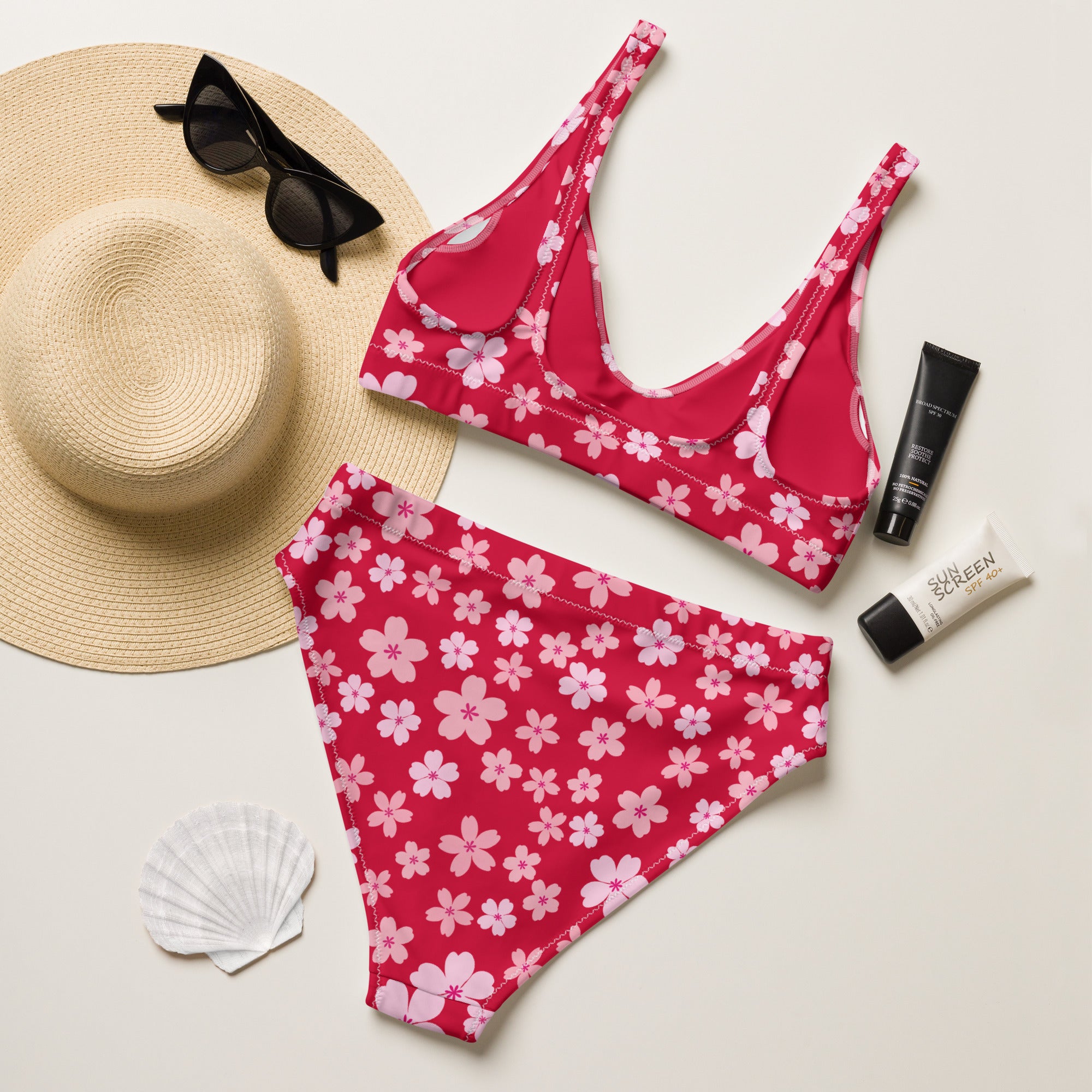 Women's Ruby Red Floral Recycled Bikini - Removable Padding, Buttery Soft Quick-Drying UPF 50+ Fabric