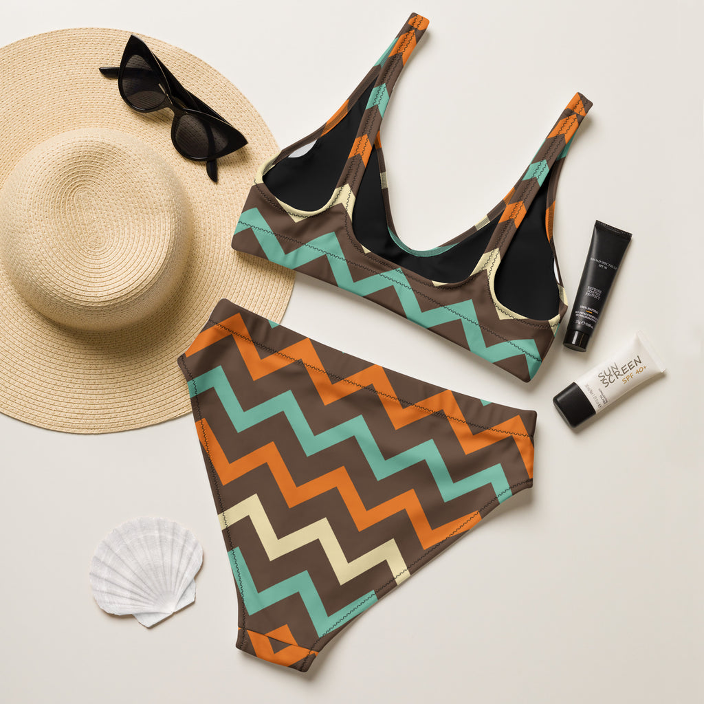 Women's Brown Chevron Recycled Bikini - Removable Padding, Buttery Soft Quick-Drying UPF 50+ Fabric